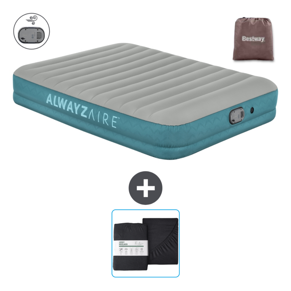 Matelas gonflable gris et sarcelle, plus ensemble de draps noirs et sac Bestway.