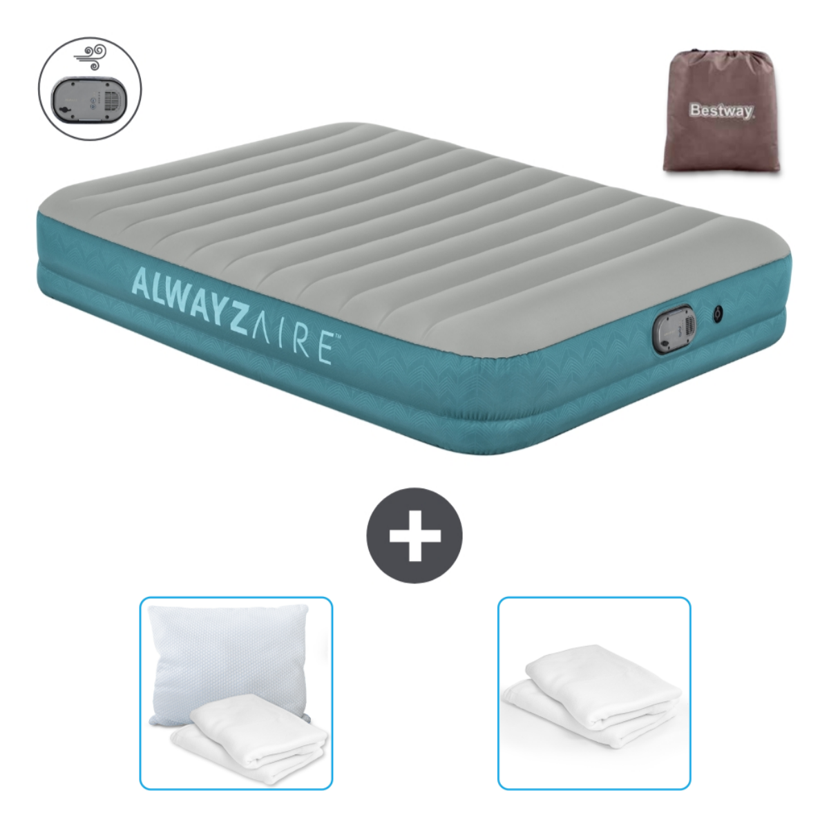 Lit gonflable avec literie et oreiller. Comprend également une pompe et un sac. Le lit est gris et bleu.