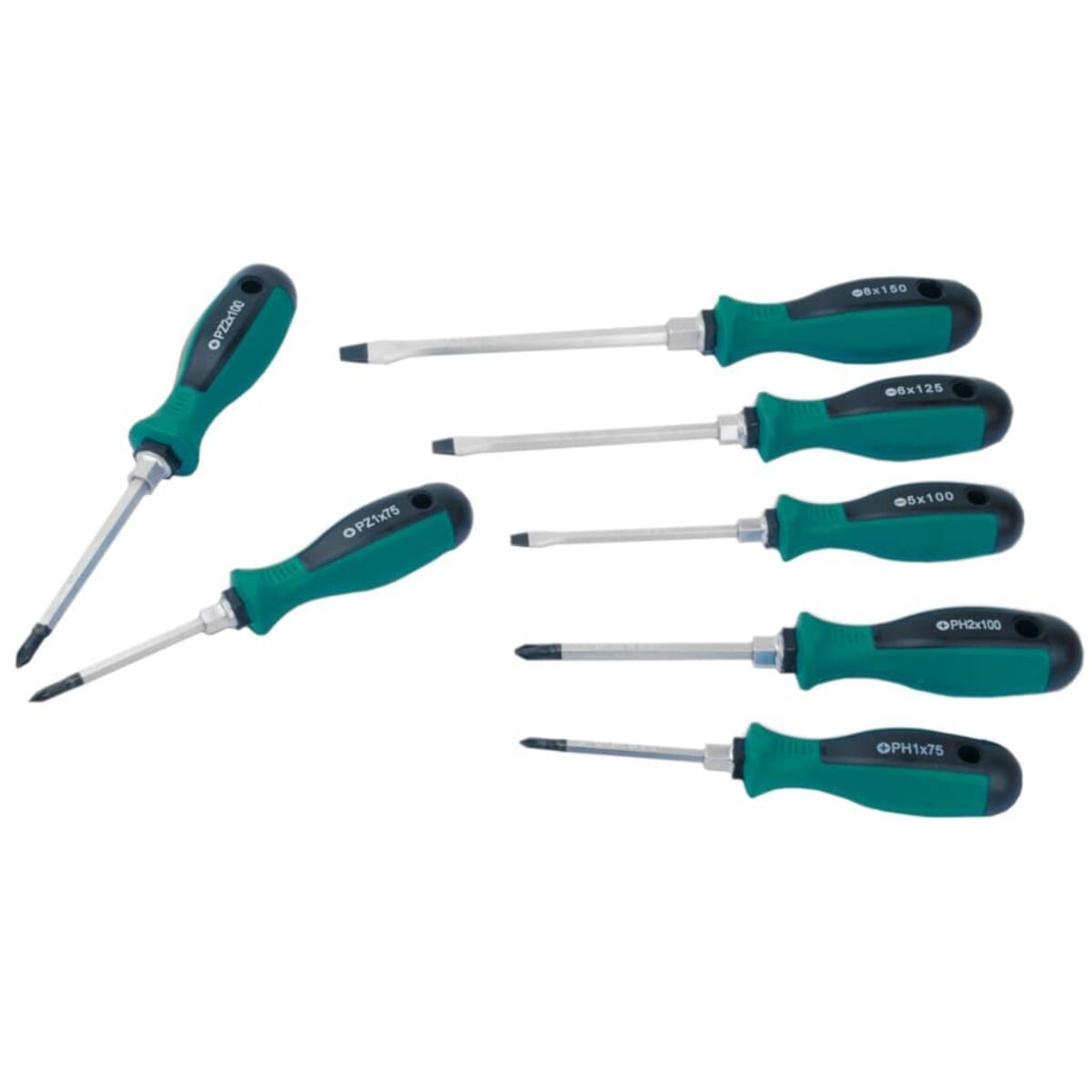 Schraubendreher-Set mit grünen Griffen. Sie haben unterschiedliche Spitzengrößen und -formen.