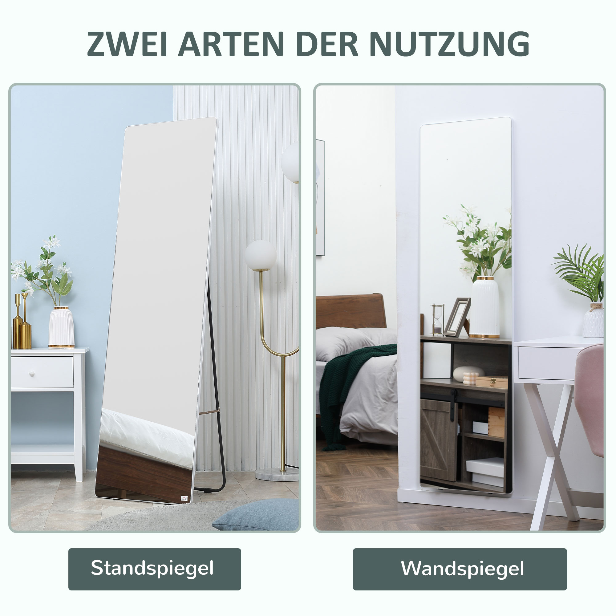 Bild zeigt zwei Arten von Spiegeln: einen Ganzkörperspiegel und einen Wandspiegel.