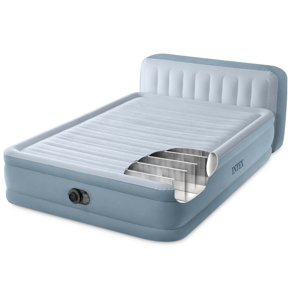 Blaues und graues aufblasbares Bett mit Schnittansicht, die die innere Struktur zeigt.
