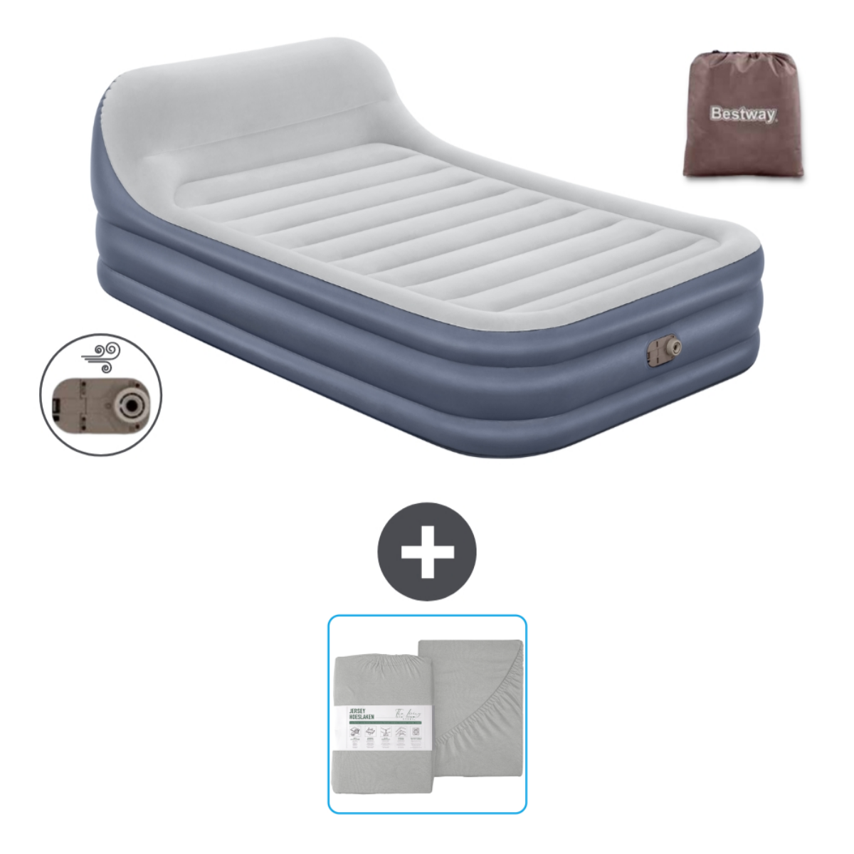 Matelas gonflable gris et blanc avec accessoires, dont une pompe, un ensemble de draps et un sac.