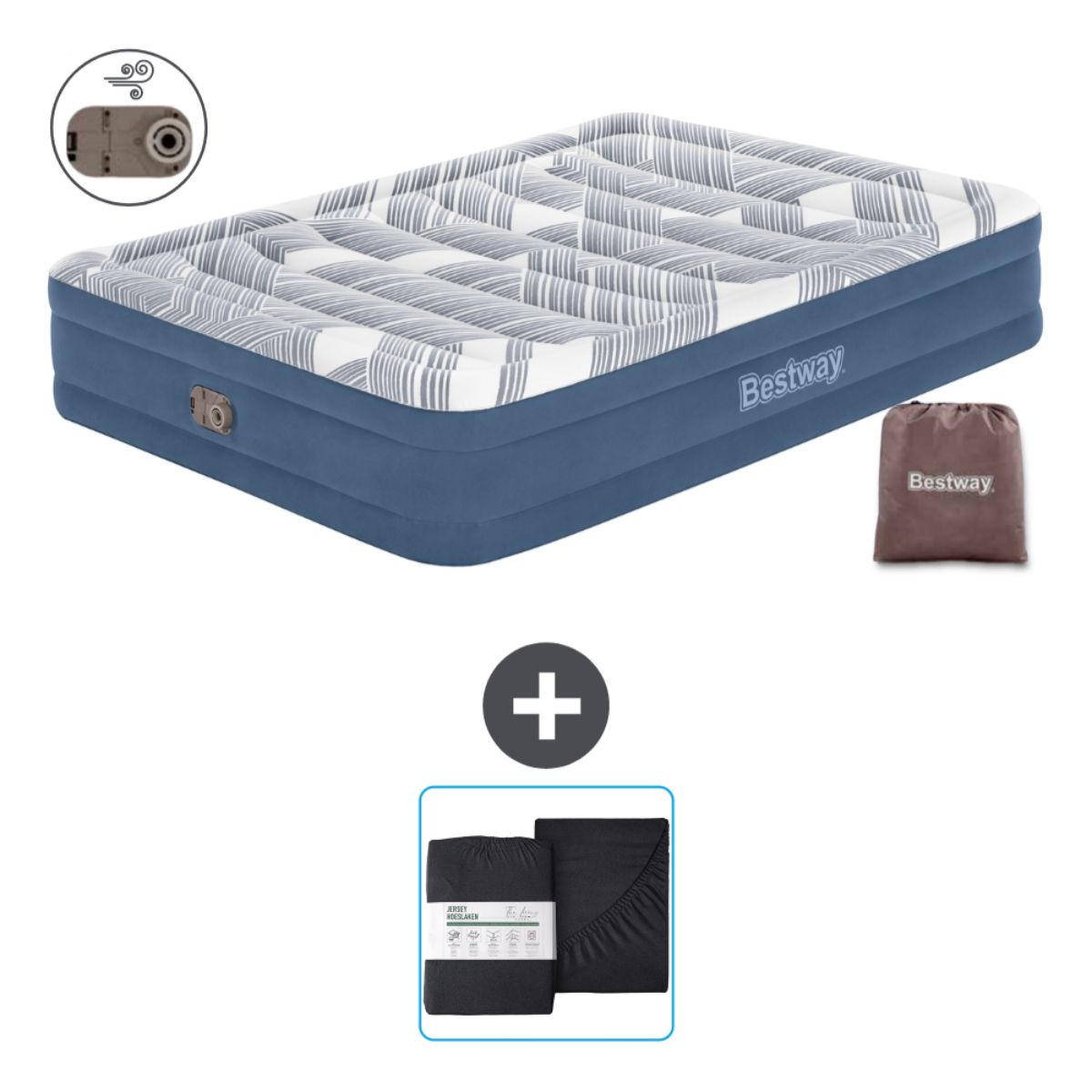 Matelas gonflable Bestway bleu et blanc avec draps et sac de transport Bestway.
