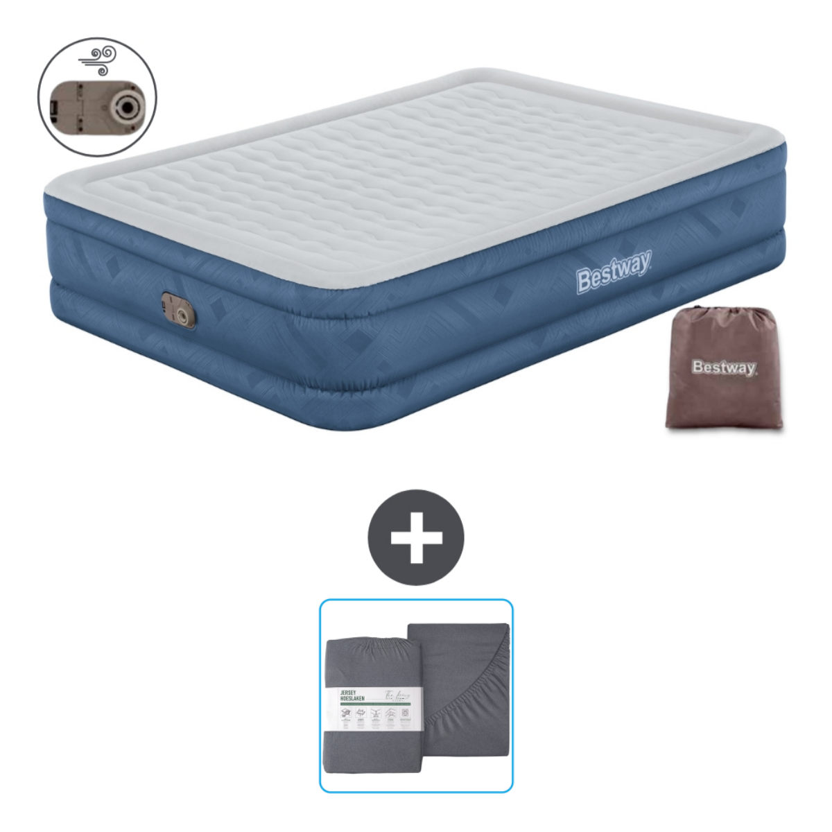Lit pneumatique Bestway bleu, pompe et ensemble de draps sur fond blanc. Inclut sac marron Bestway.