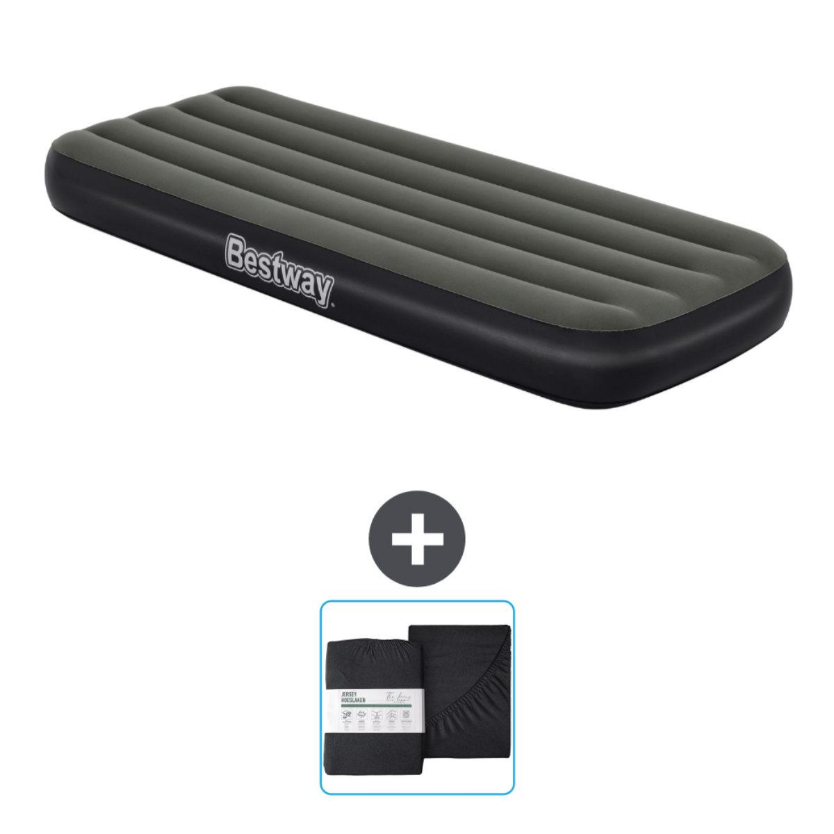 Matelas gonflable Bestway gris avec garniture noire, plus draps noirs. Fond blanc.