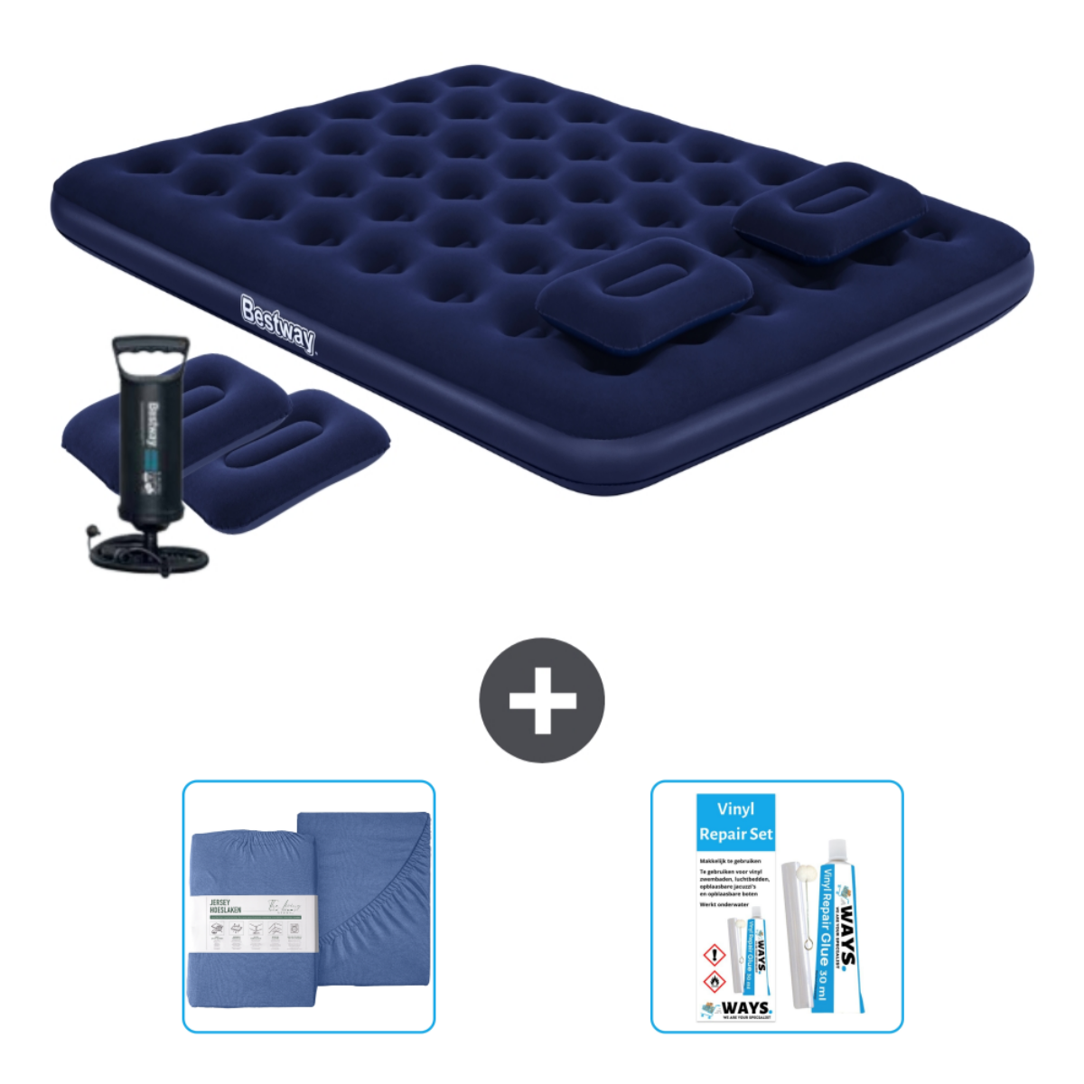 Marineblauw Bestway luchtmatras met kussens, pomp, reparatieset en blauwe lakenset.