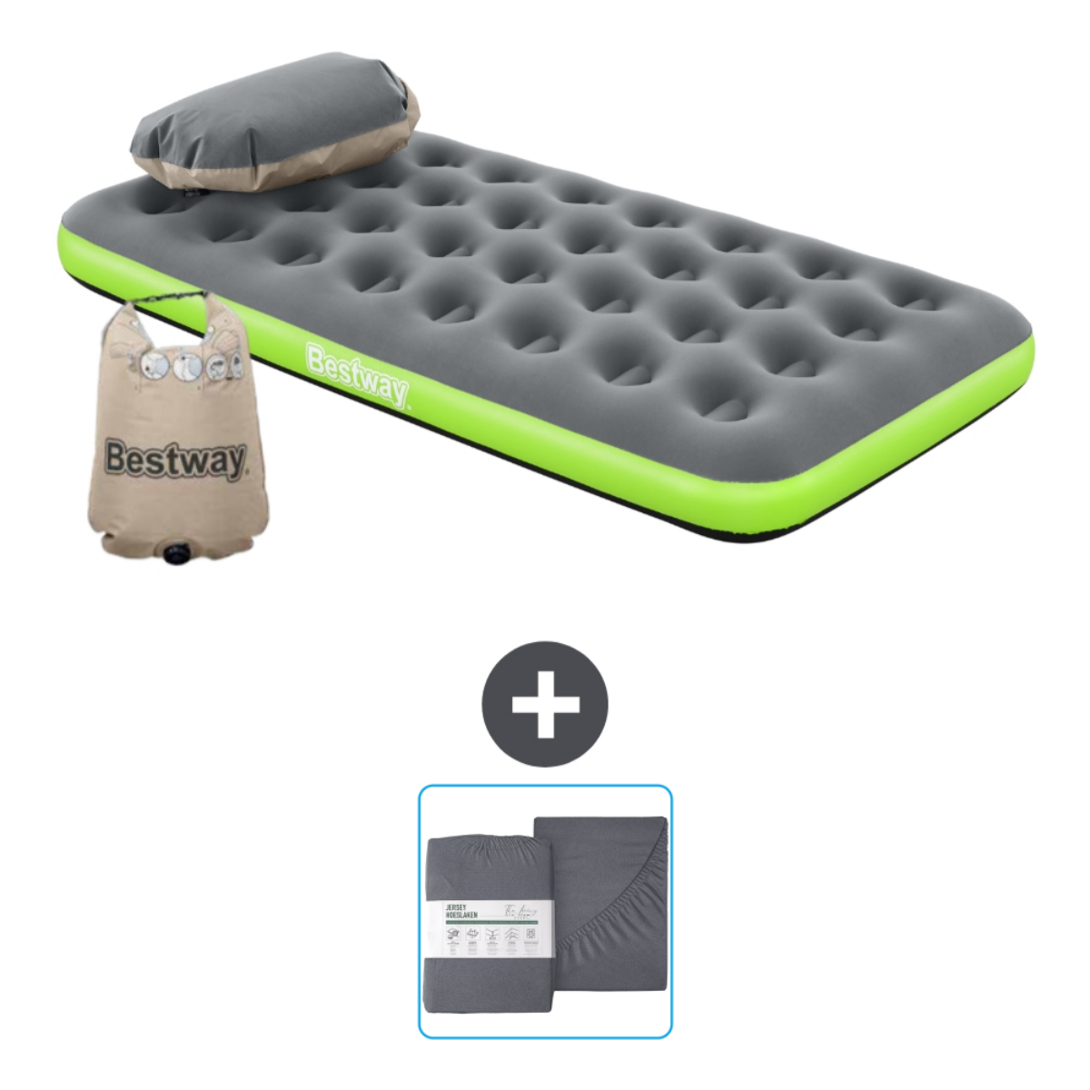 Grijs en groen Bestway opblaasbaar matras met kussen, lakens en een tas.