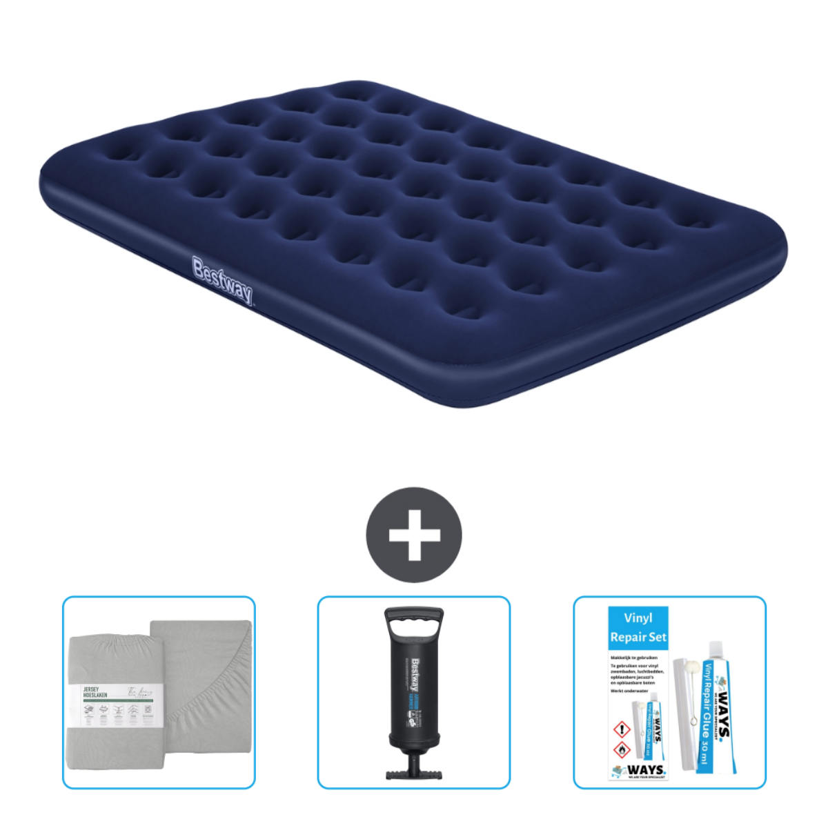 Matelas gonflable bleu, pompe et kit de réparation avec draps gris.