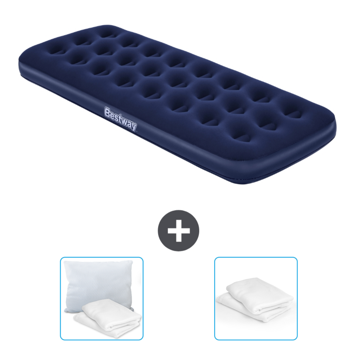 Blauwe Bestway luchtmatras met kussens en een lakenset.