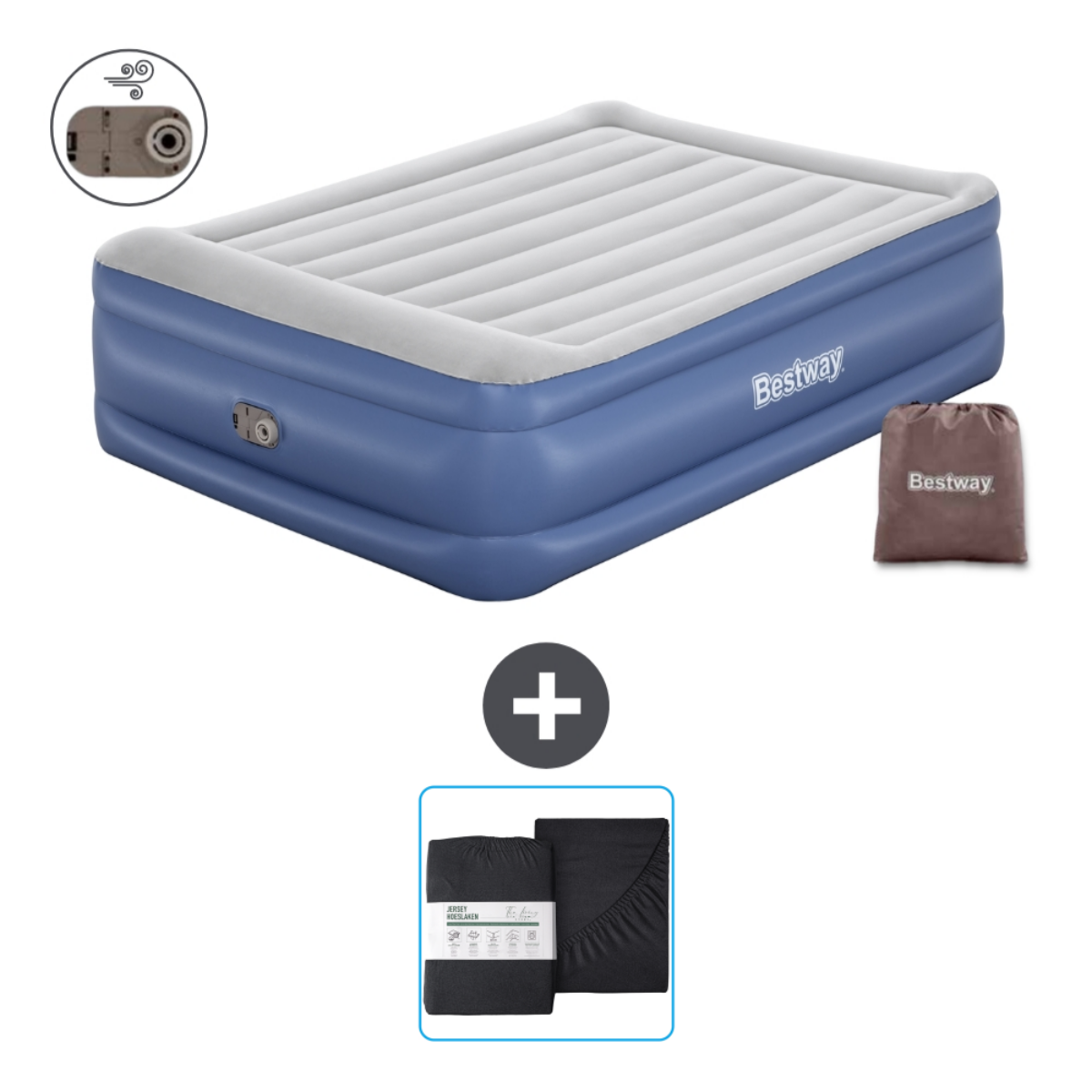 Blauw en wit opblaasbaar matras met pomp, lakenset en een tas.