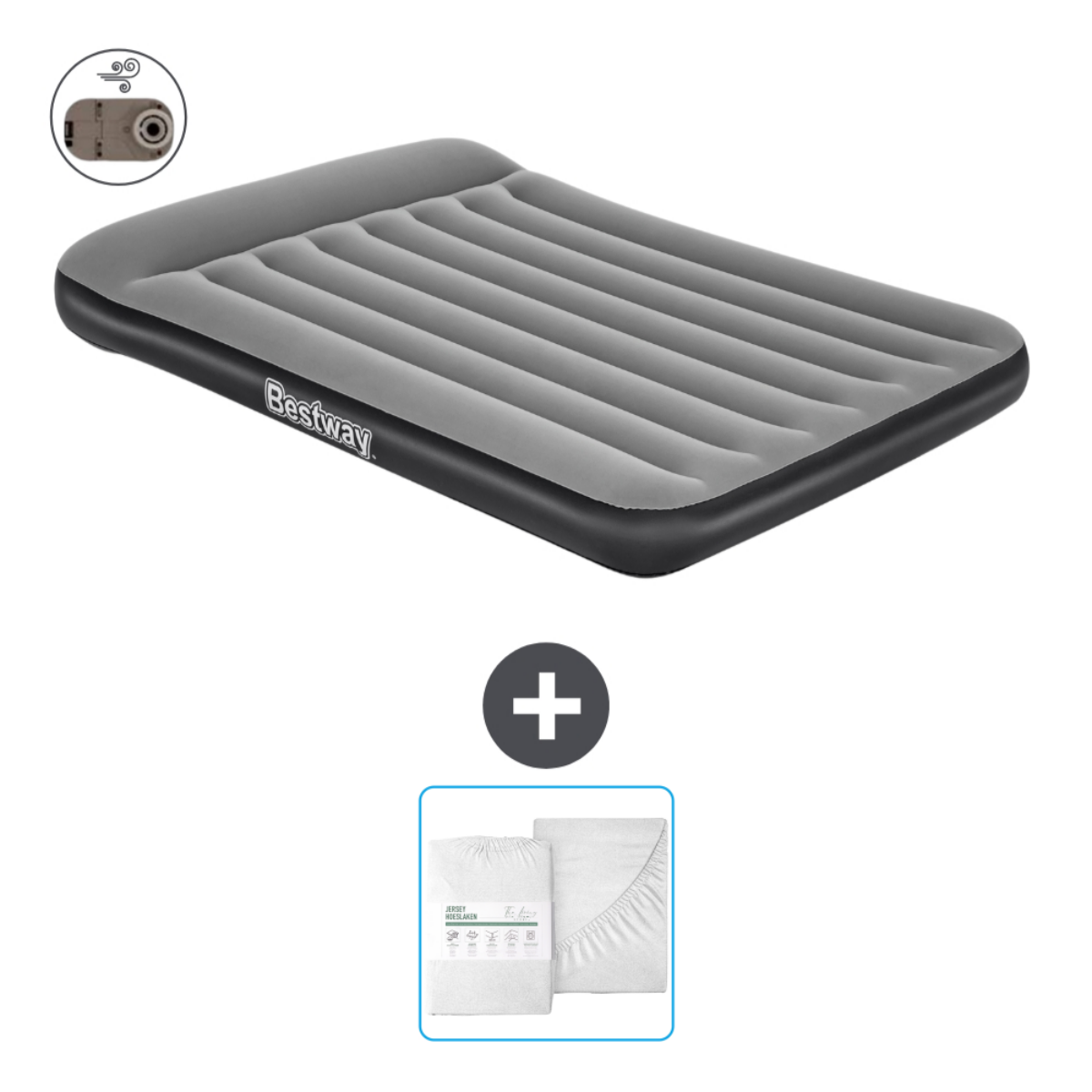 Grijze en zwarte Bestway luchtmatras. Inclusief lakens.