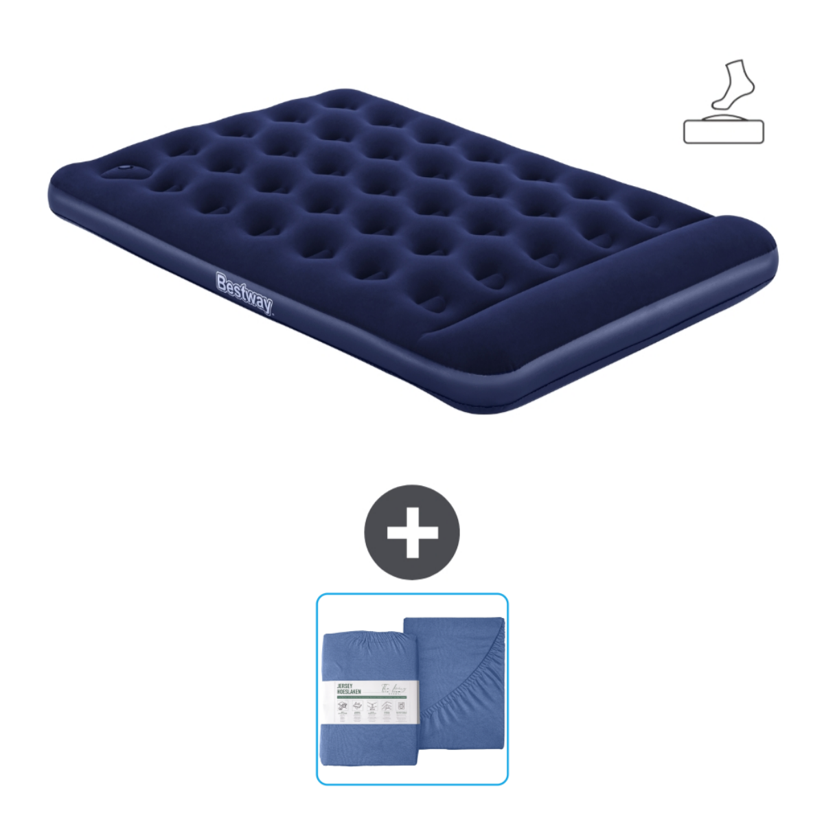 Blauw Bestway luchtbed met hoofdsteun en hoeslakenset. Voetpictogram boven het matras.