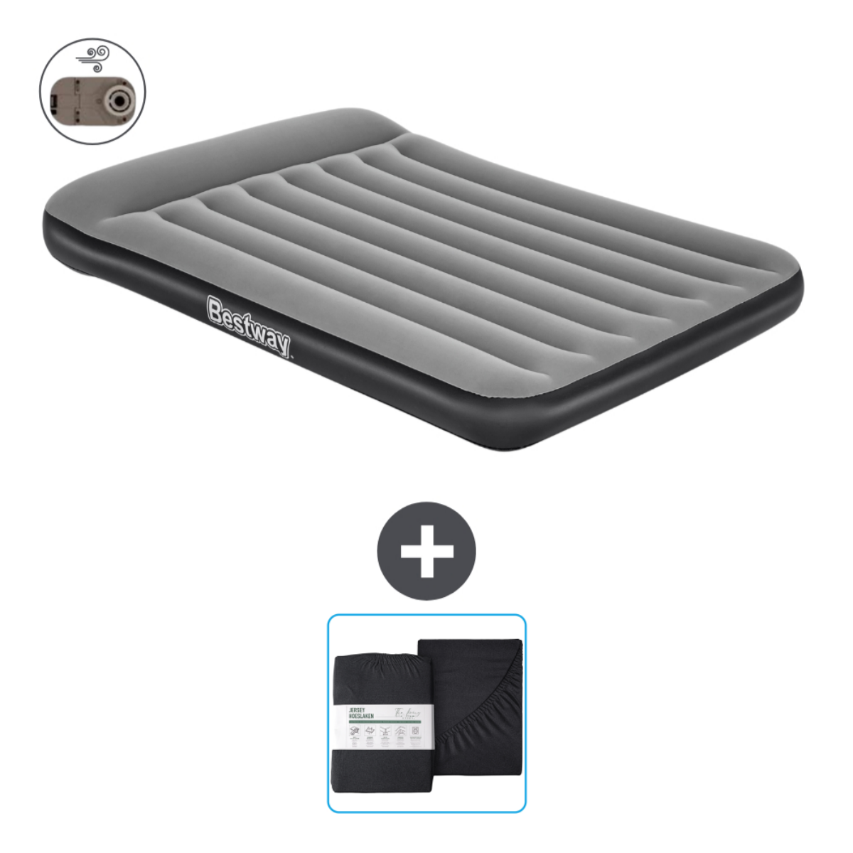 Un lit gonflable gris avec le logo Bestway et un ensemble de draps.