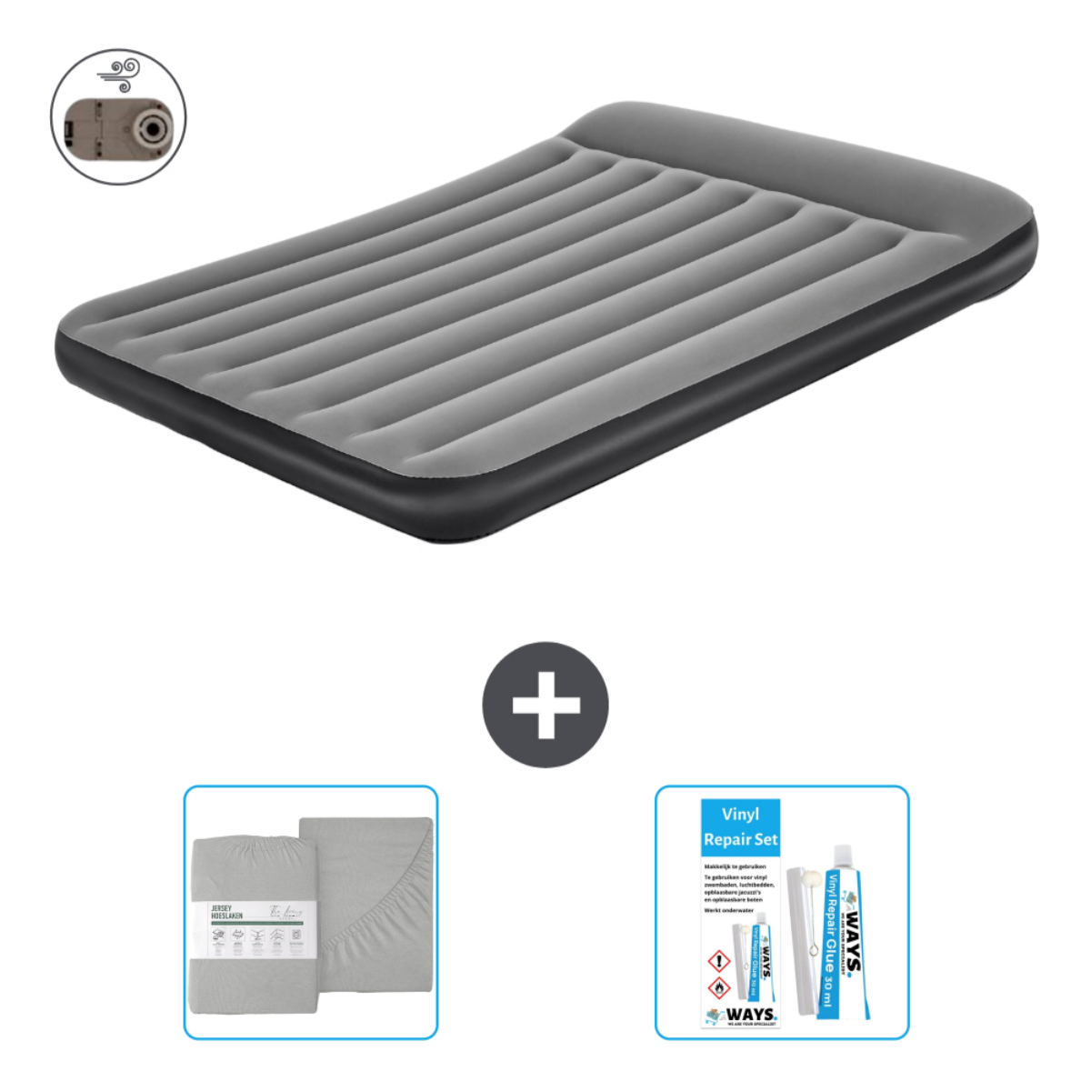 Matelas pneumatique gris, draps gris et un kit de réparation. Un plus au milieu. Il y a une pompe.