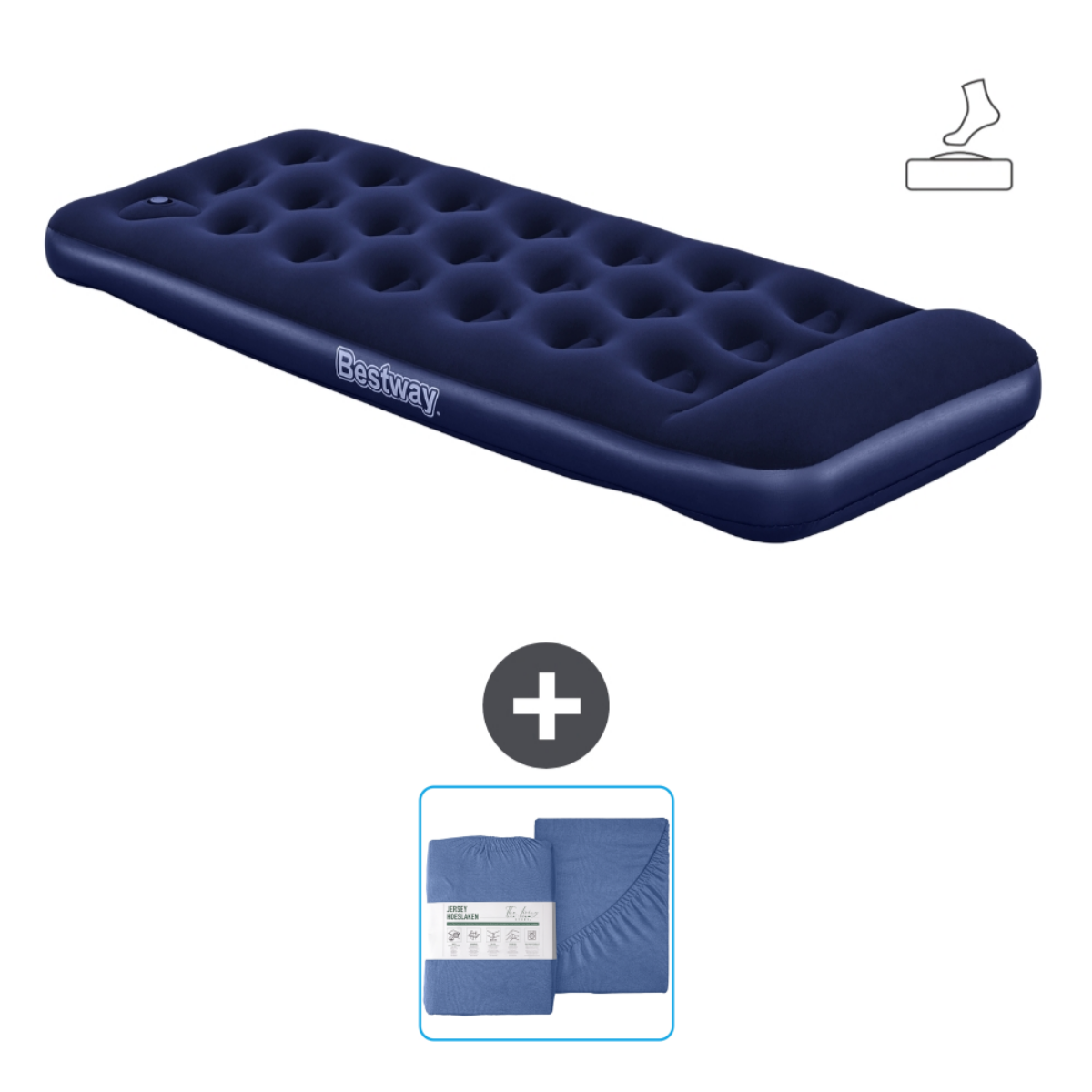Blauw Bestway luchtbed met lakens.