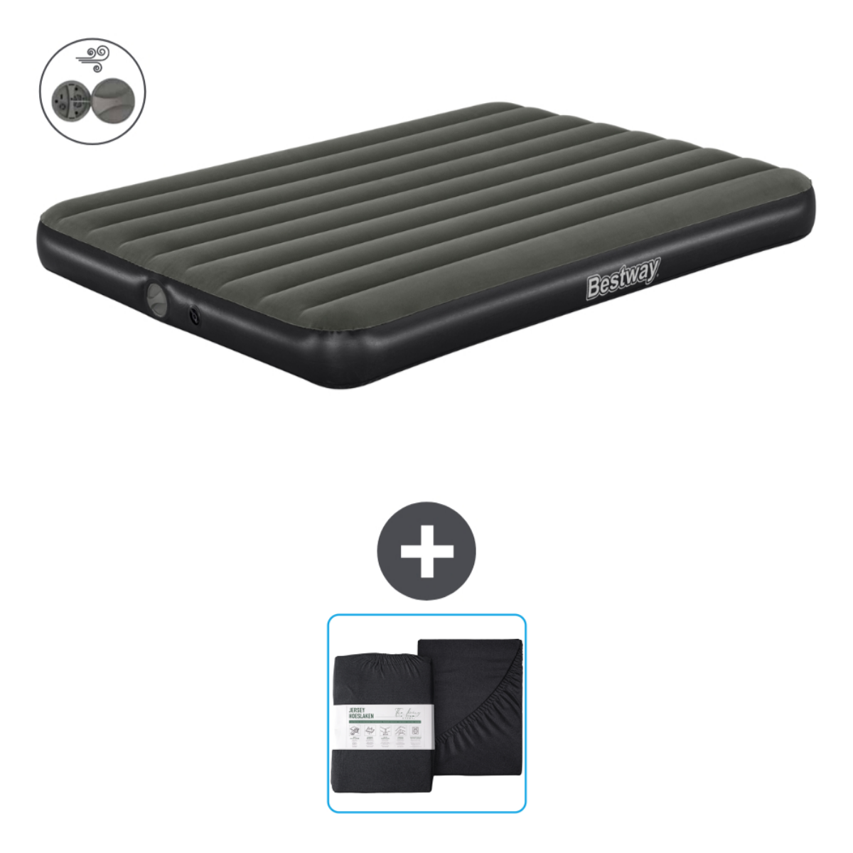 Matelas gonflable gris Bestway avec un ensemble de draps. Le matelas a des arêtes horizontales et une valve.