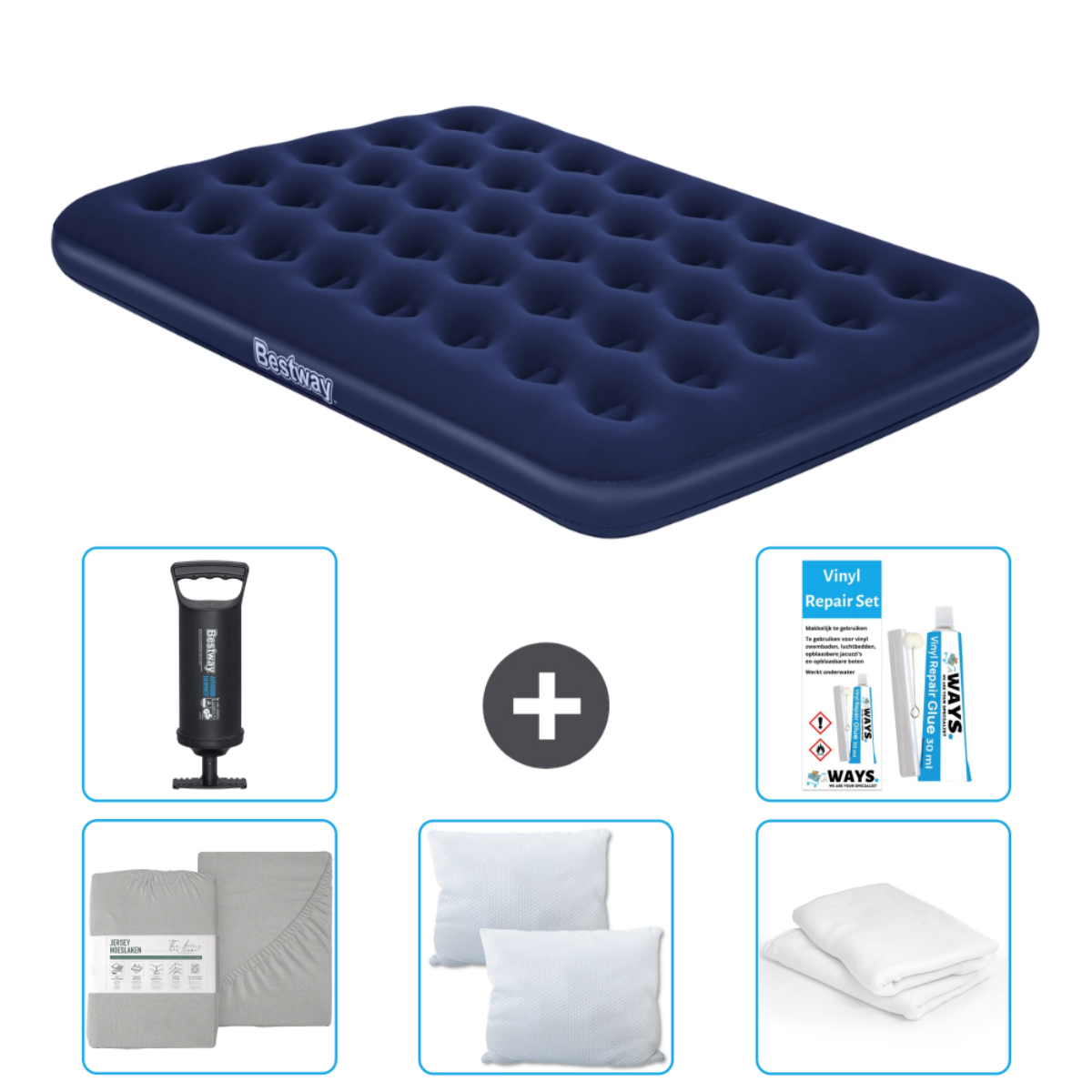 Matelas pneumatique bleu marine avec pompe, draps, oreillers et kit de réparation.