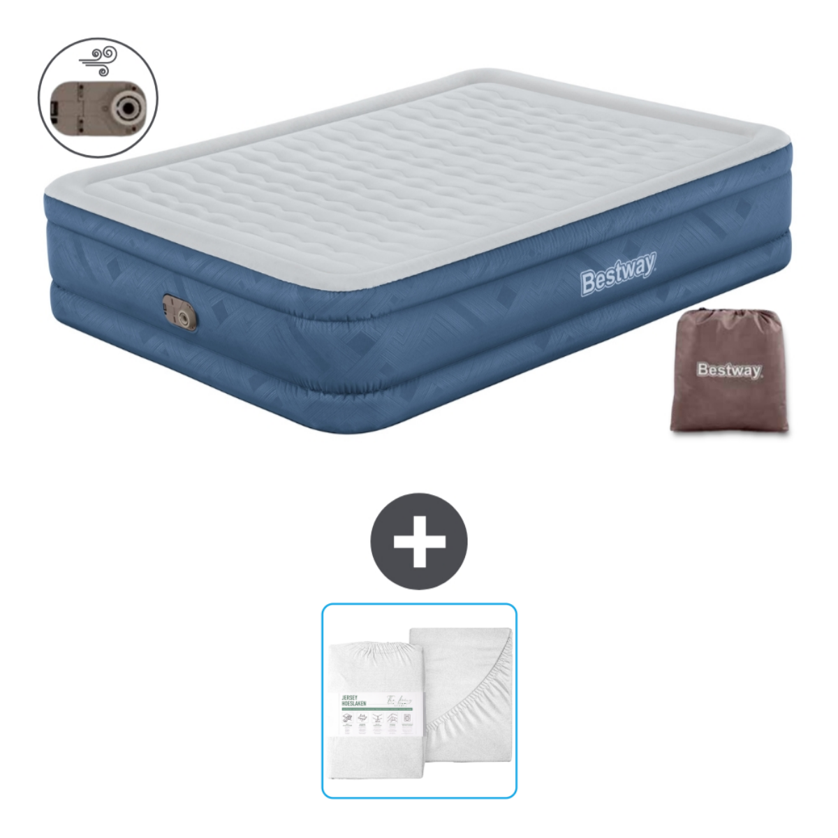 Wit en blauw opblaasbaar matras met pomp, lakenset, kussen en een tas.
