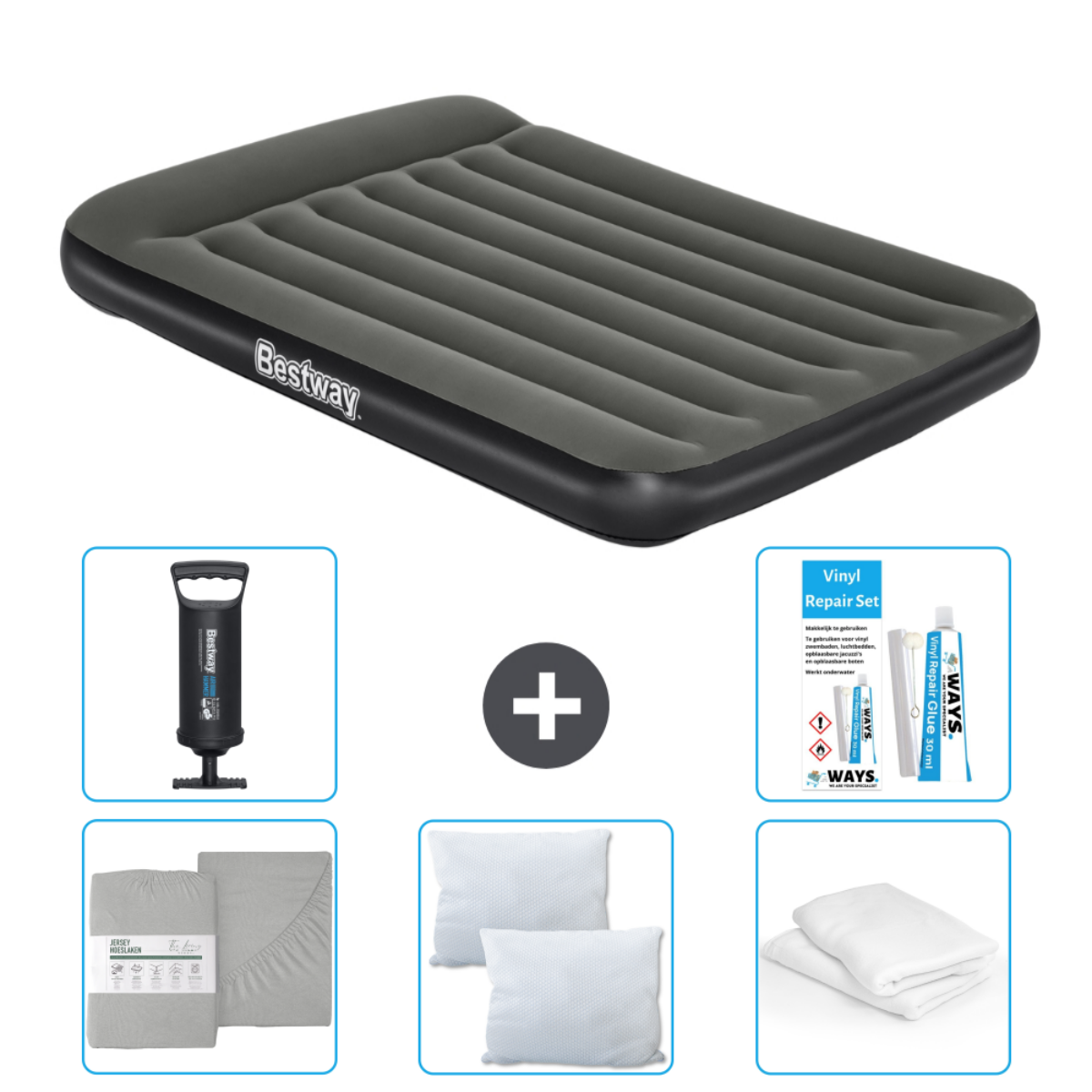 Donkergrijze Bestway opblaasbare matras. Inclusief een pomp, lakens, kussens en een reparatieset.