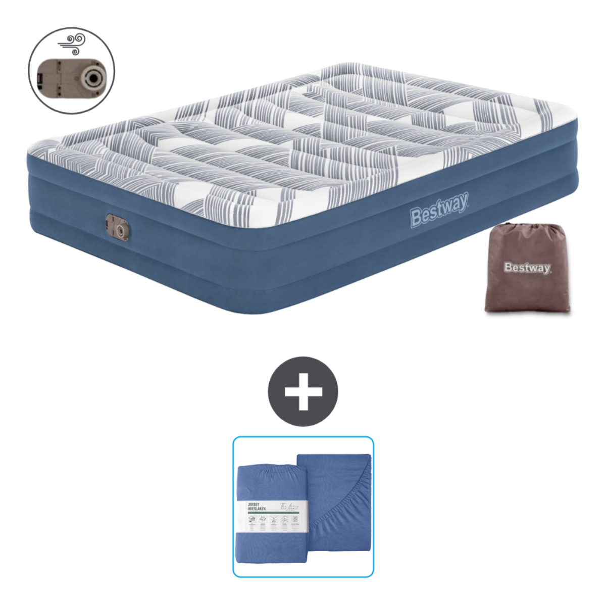 Matelas gonflable bleu avec dessus à rayures blanches. Inclut draps, sac Bestway et logo.