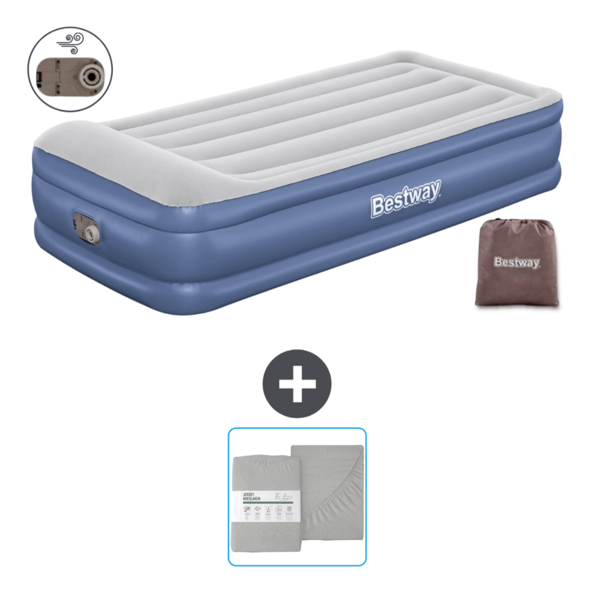 Matelas gonflable Bestway bleu et blanc avec draps et sac de transport Bestway.