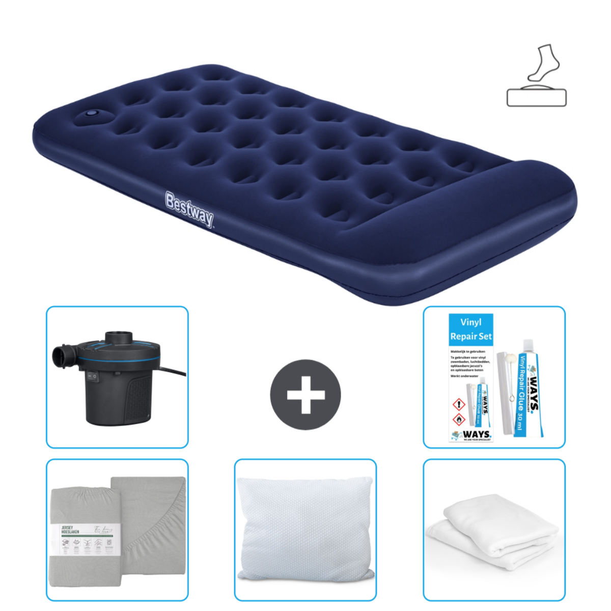 Blauwe Bestway luchtbedset met pomp, reparatieset, lakens, kussen en opgevouwen deken op wit.