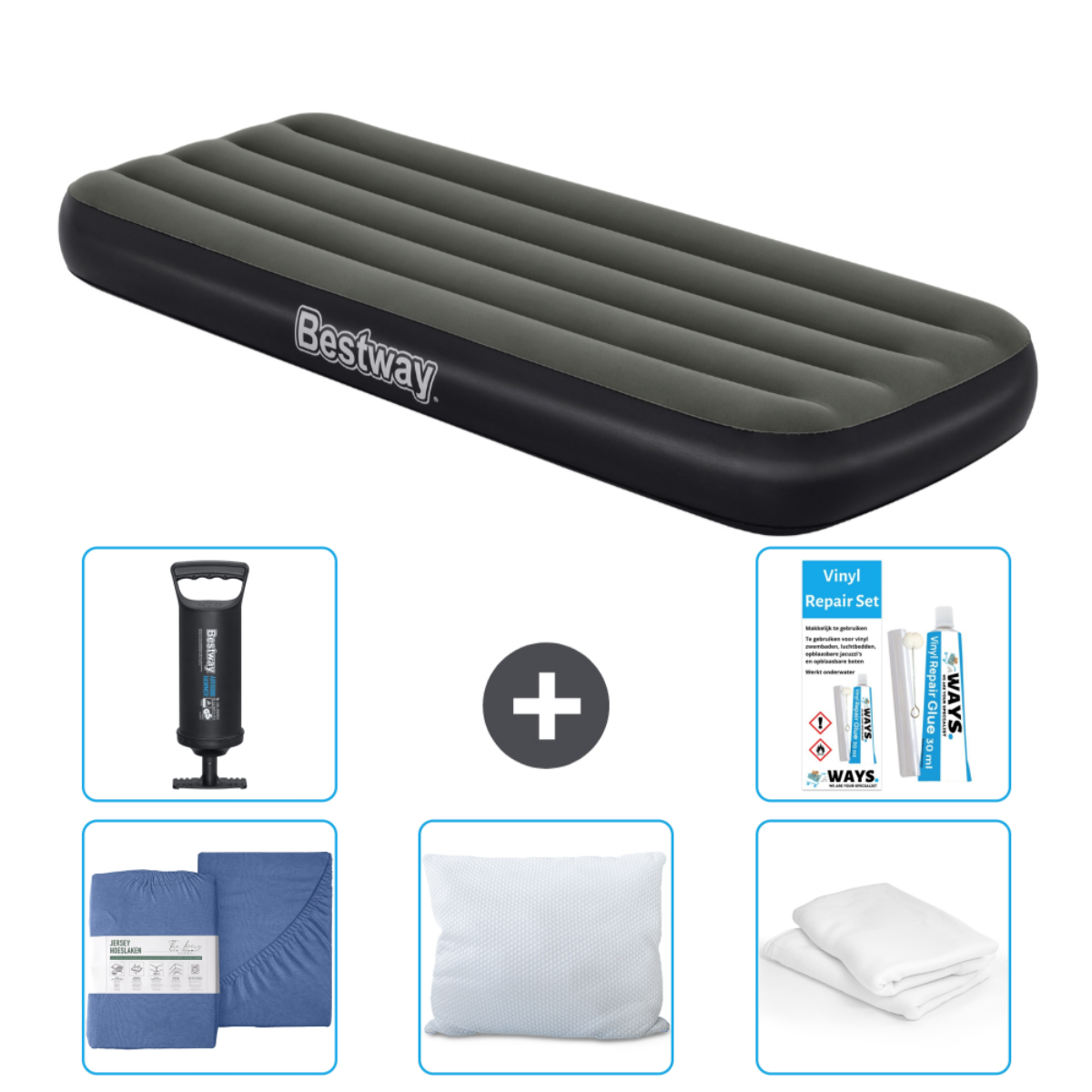 Zwart en grijs luchtbed met accessoires: lakens, kussens, een reparatieset en een pomp, witte achtergrond.