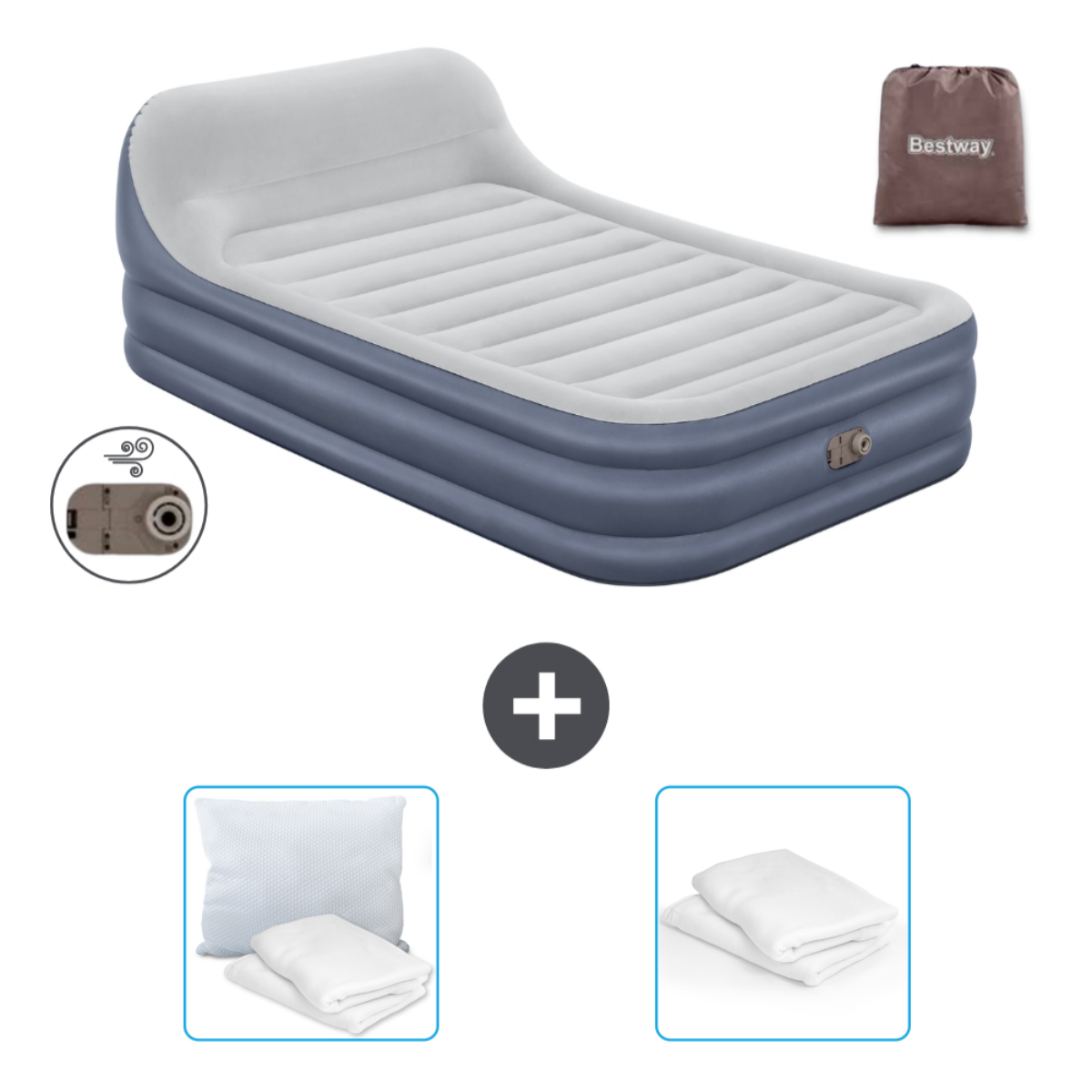 Matelas pneumatique bleu et blanc avec oreillers, draps et sac. Fond blanc.