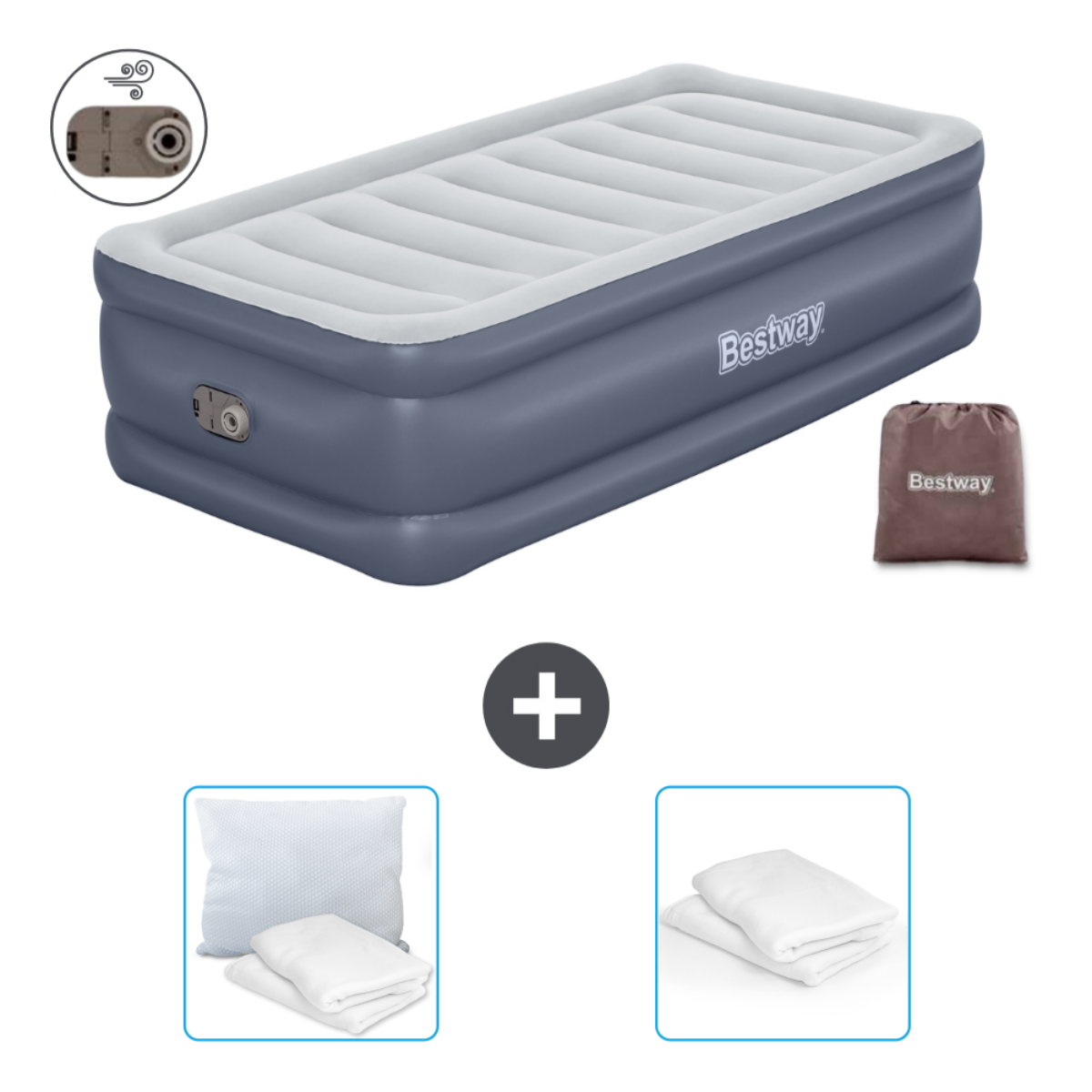 Matelas gonflable Bestway bleu avec oreillers, draps et sac marron. Fond blanc.