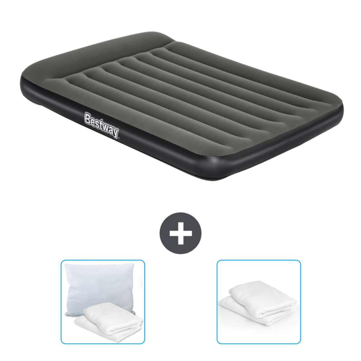 Matelas gonflable noir avec oreillers et draps blancs.