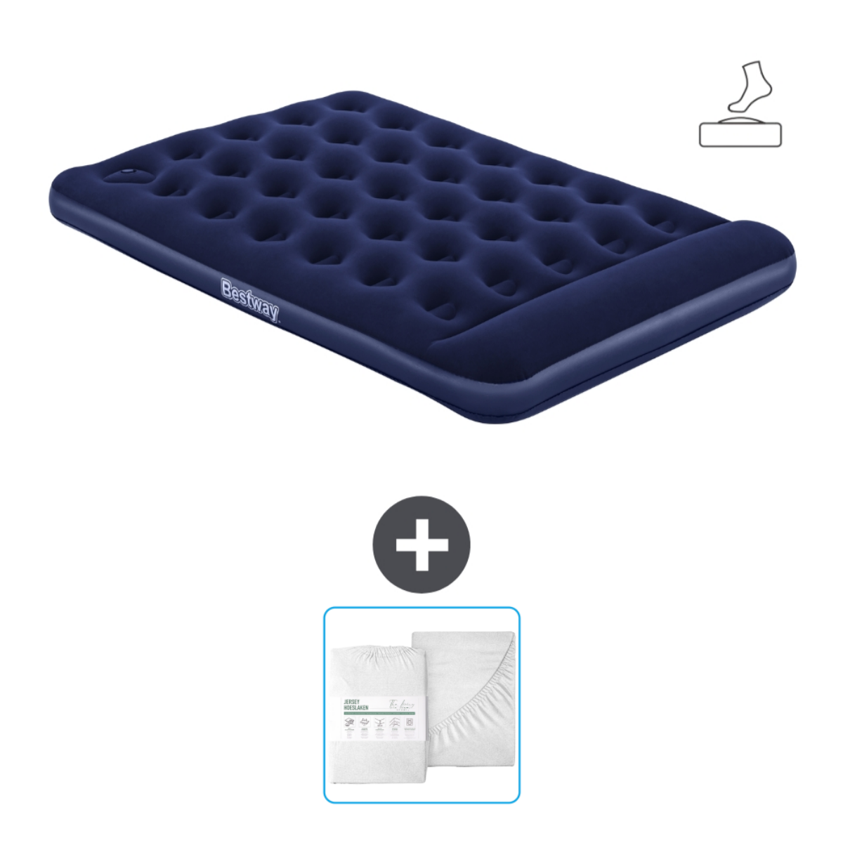 Donkerblauw opblaasbaar matras met een lakenset.