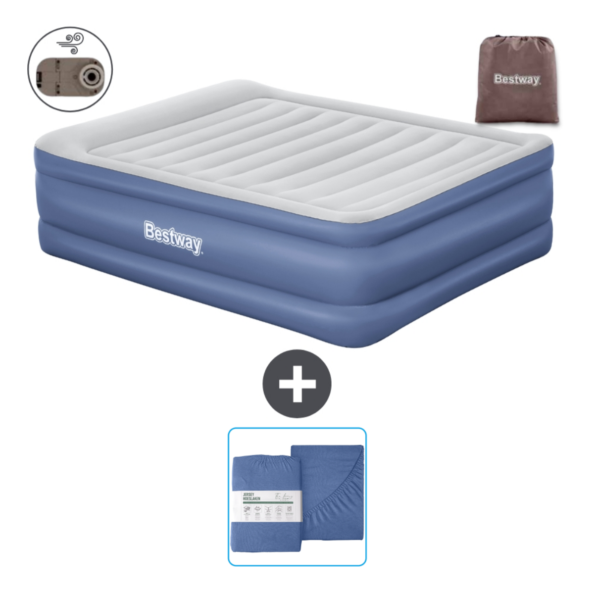 Blauw luchtmatras met een Bestway-tas en blauwe lakens.