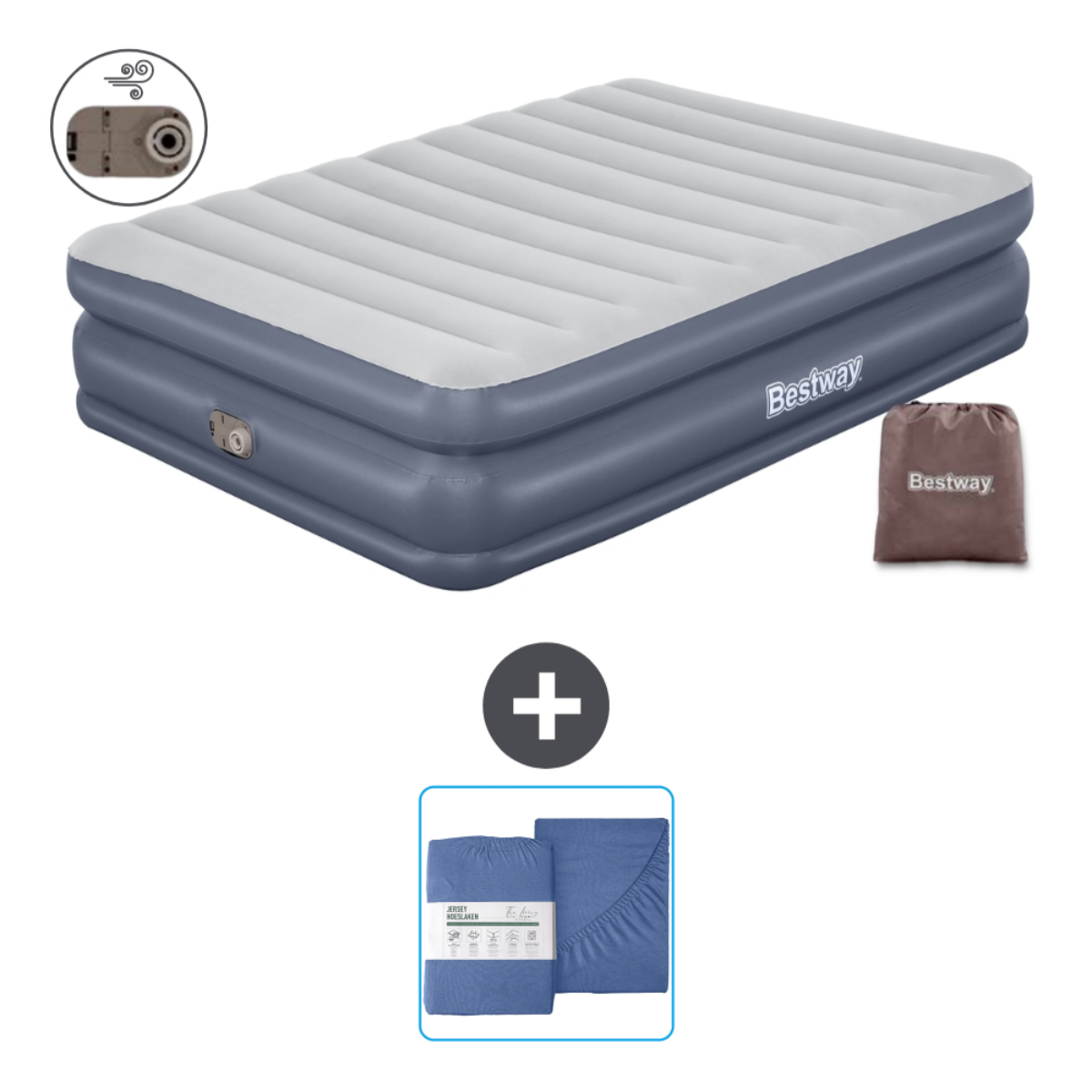 Lit gonflable bleu et gris avec accessoires: pompe, ensemble de draps et sac de transport.