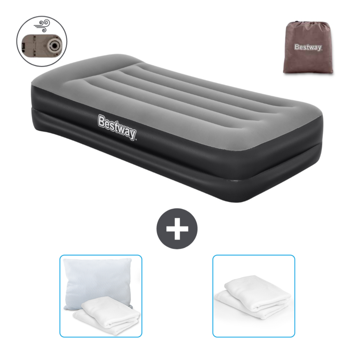 Grijs Bestway luchtbed, pomp en lakenset op wit. Inclusief een bruine Bestway tas.