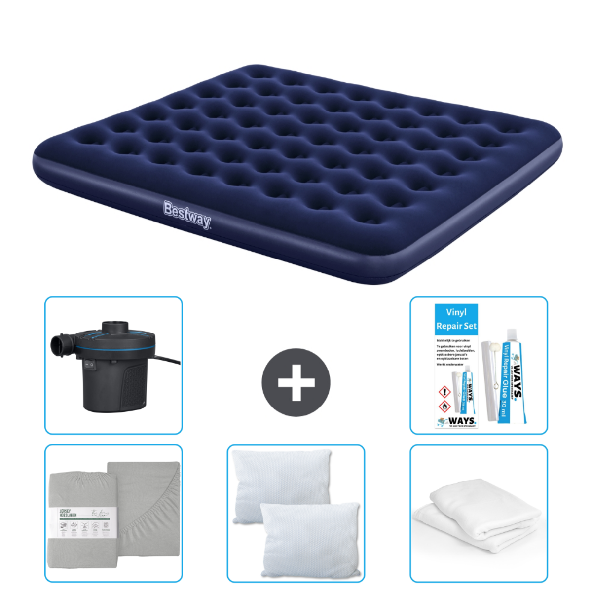 Ensemble lit pneumatique Bestway bleu avec pompe, kit de réparation, draps, oreiller et couverture pliée sur blanc.