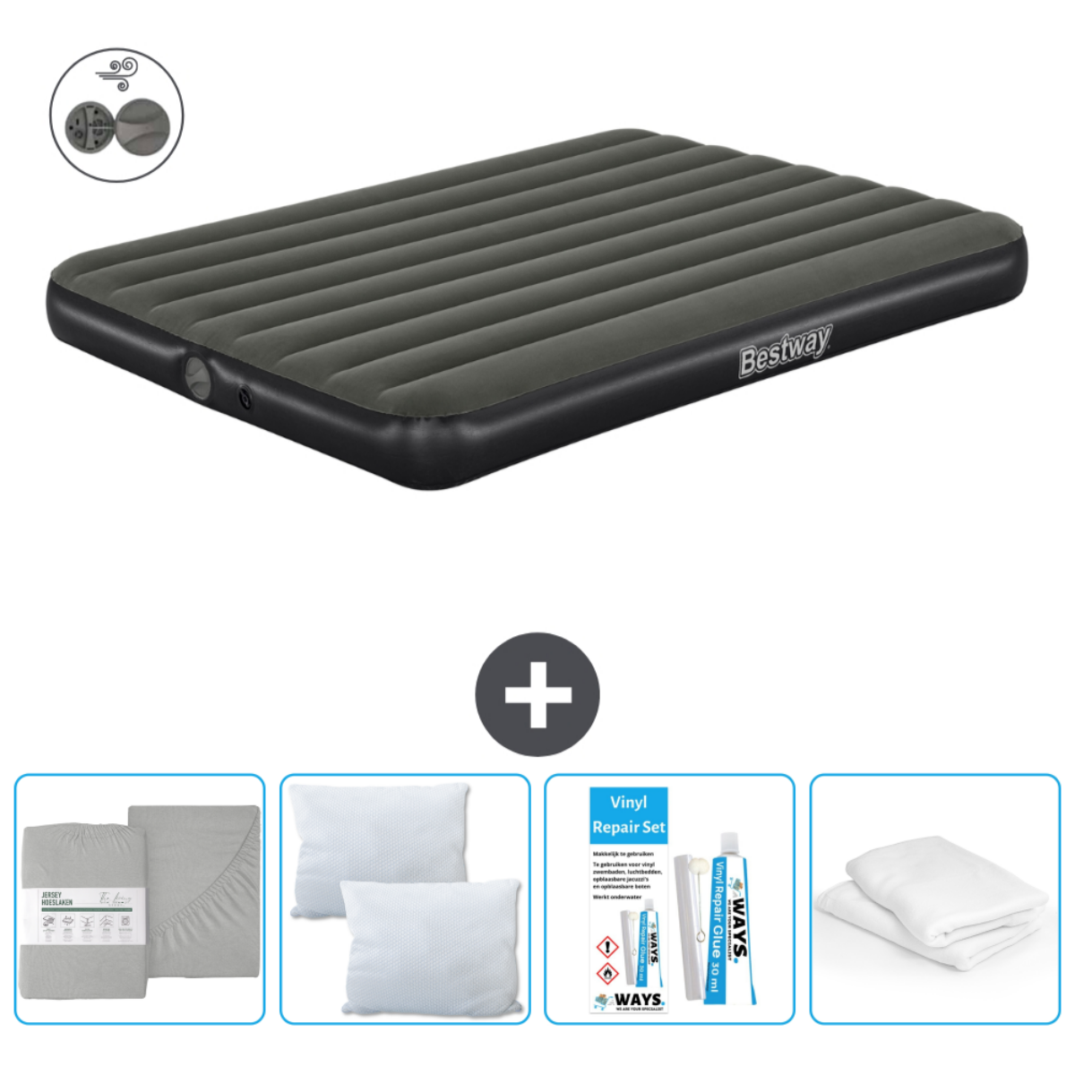 Matelas pneumatique gris avec draps, oreillers et kit de réparation. Pompe incluse.