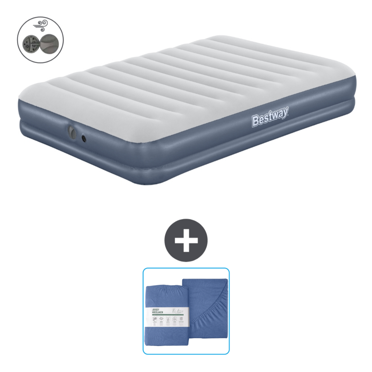 Blauw-wit opblaasbaar matras. Inclusief lakens en Bestway logo.