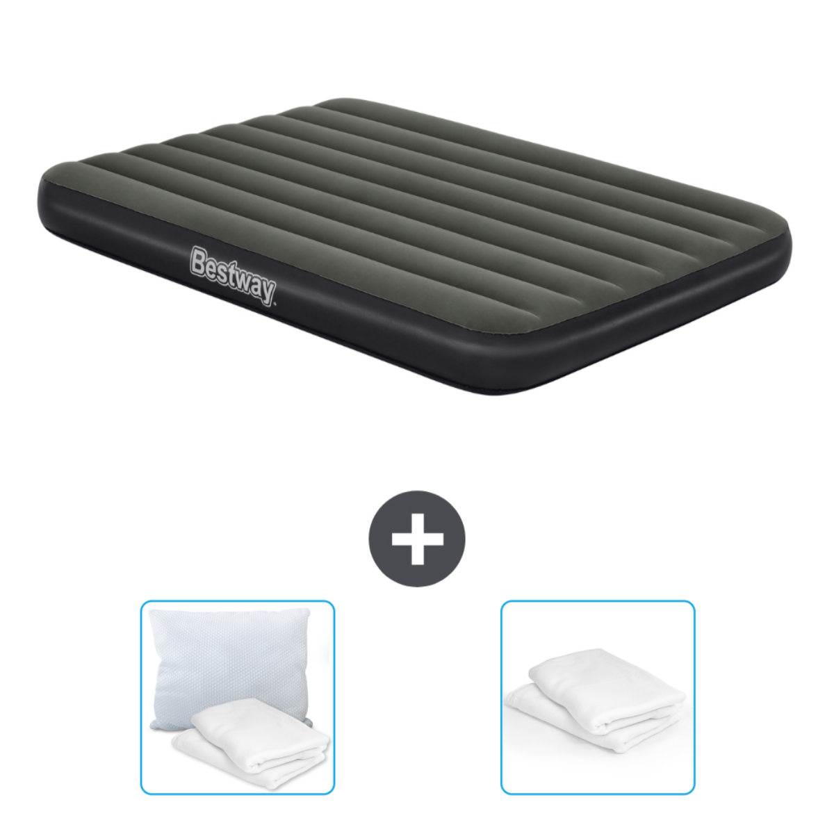 Matelas pneumatique noir avec oreillers et draps. Fond blanc.