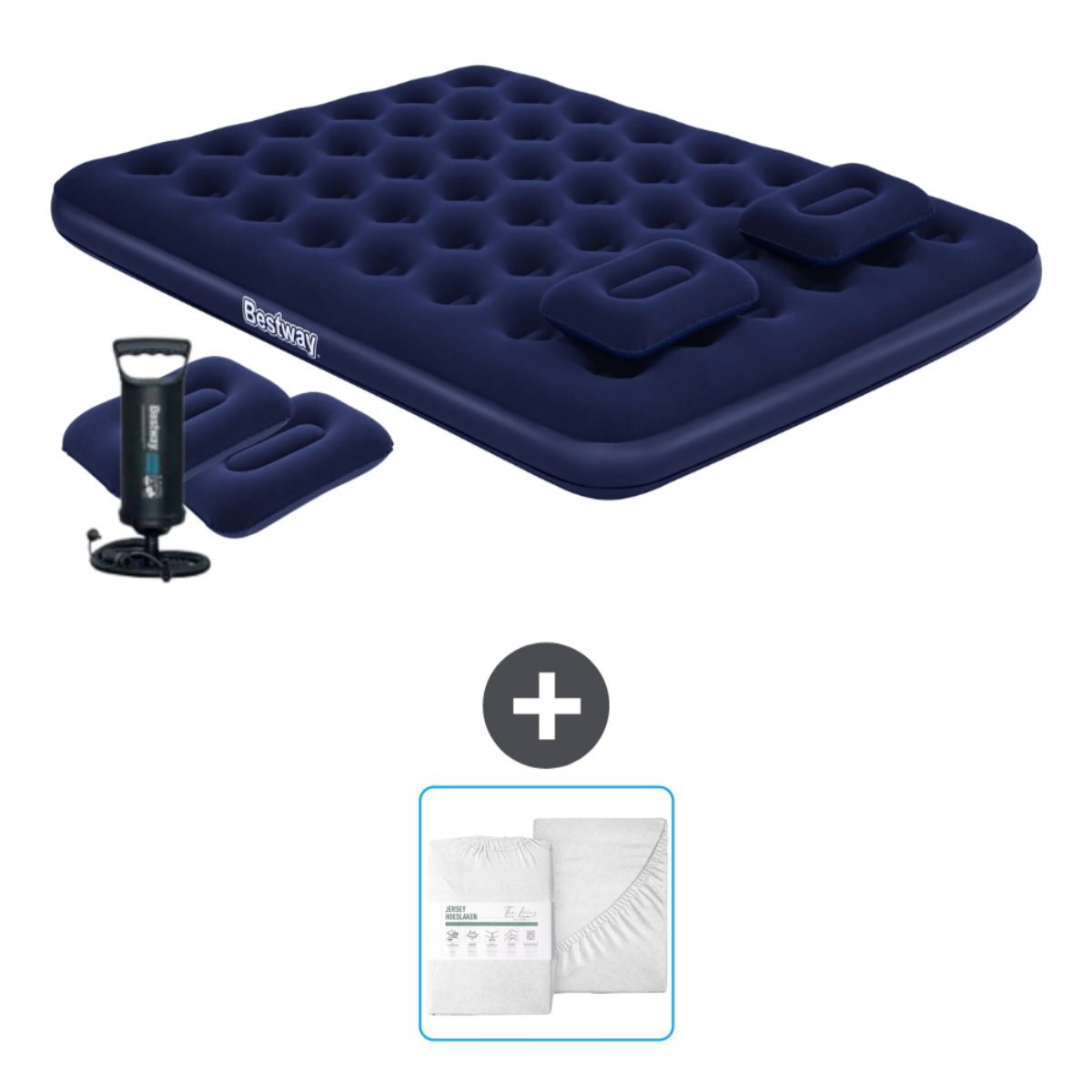 Blauw Bestway opblaasbaar matras, pomp, kussens. Plus witte lakens.