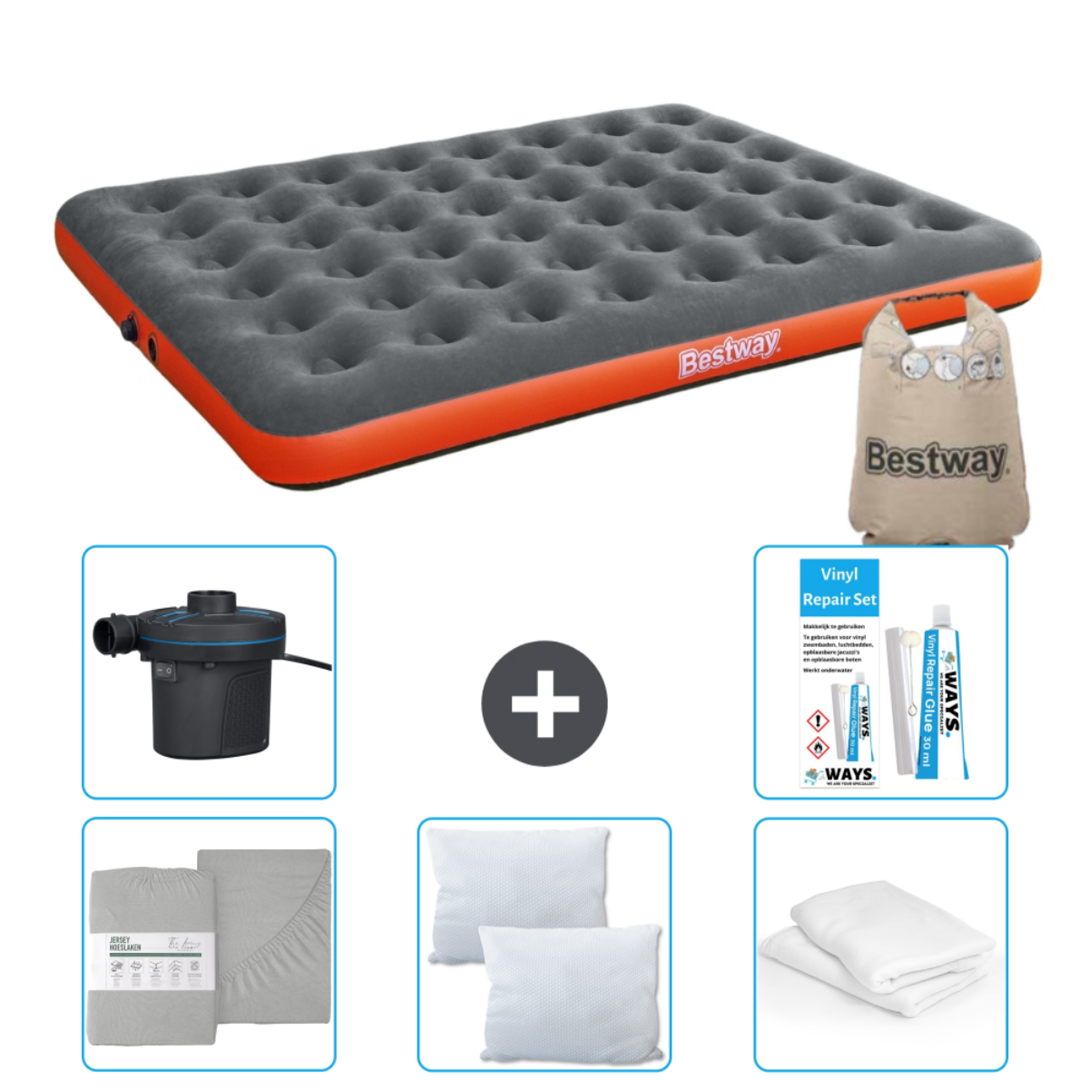 Grijze en oranje Bestway luchtmatras met accessoires: pomp, lakens, kussens en een reparatieset.