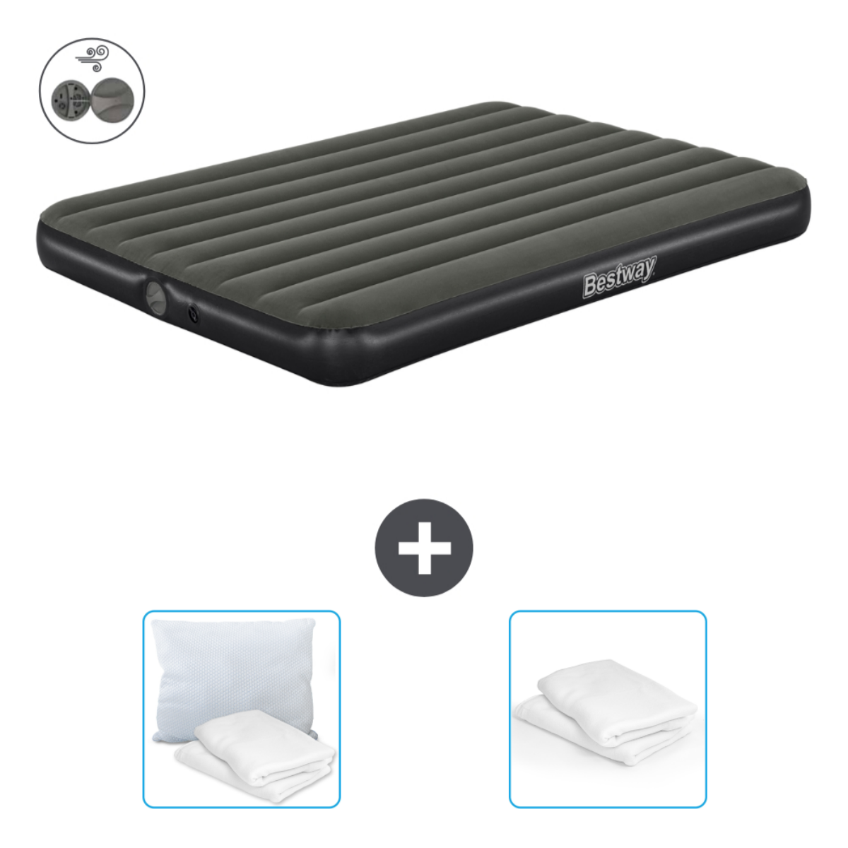 Donkergrijze Bestway luchtmatras met kussen en beddengoedset. De voorgrond toont matras en accessoires.