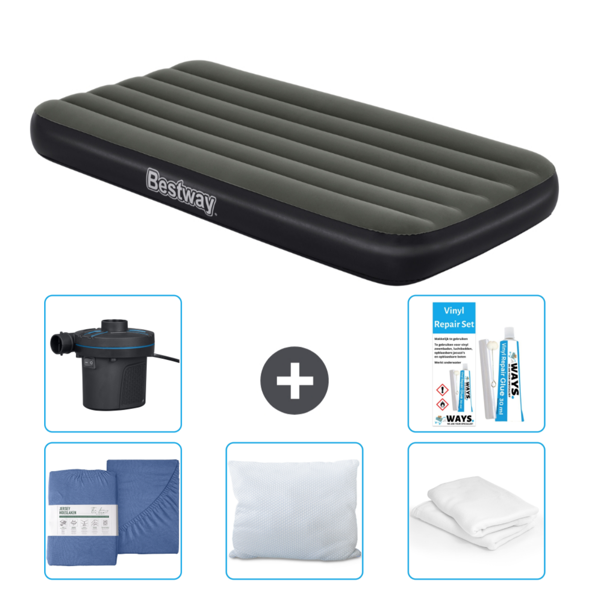Grijs opblaasbaar matras met pomp, lakenset, een kussen en reparatieset. Het bed is grijs met zwarte omtrek.