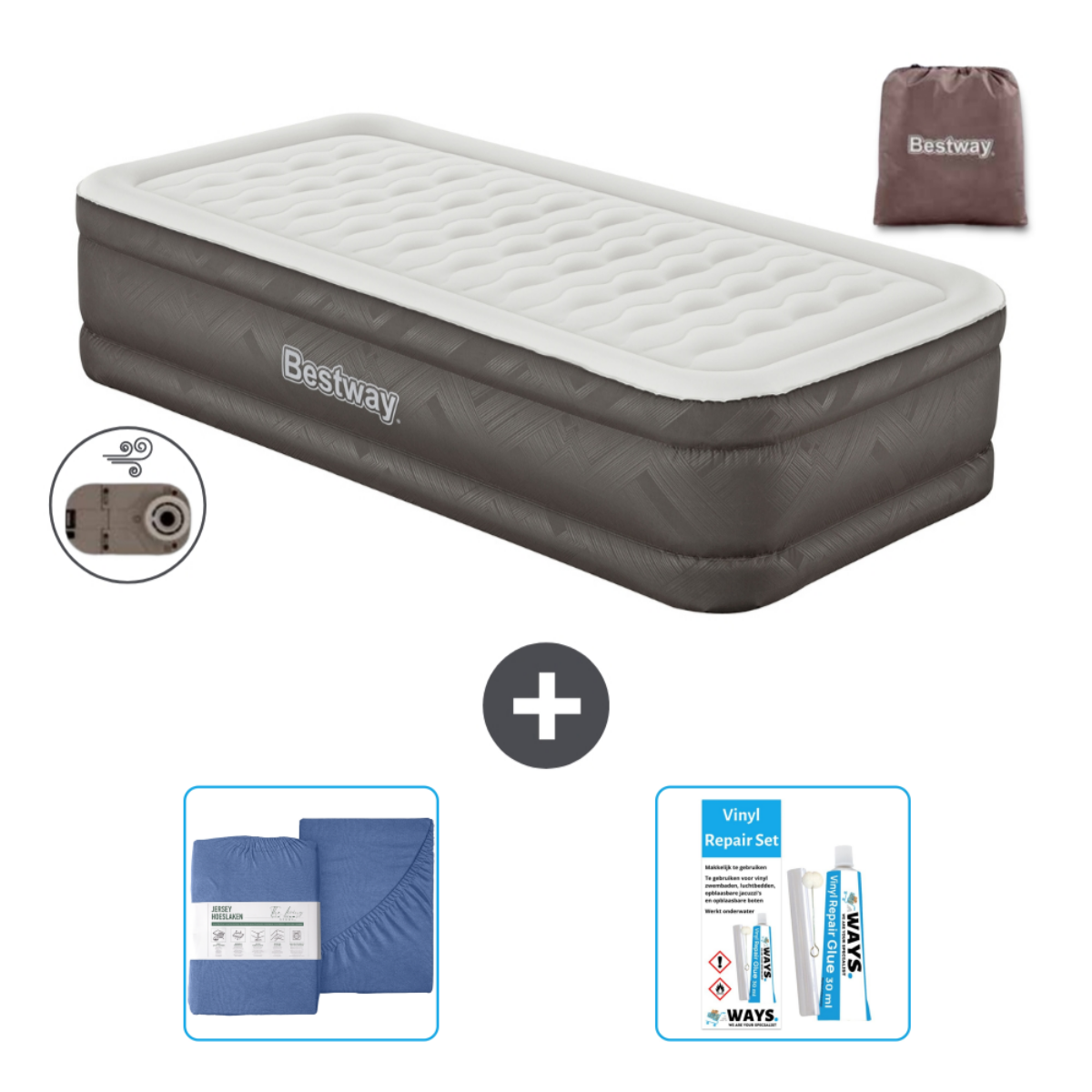 Ensemble lit pneumatique Bestway gris avec pompe, kit de réparation, draps, oreiller et couverture pliée sur blanc.