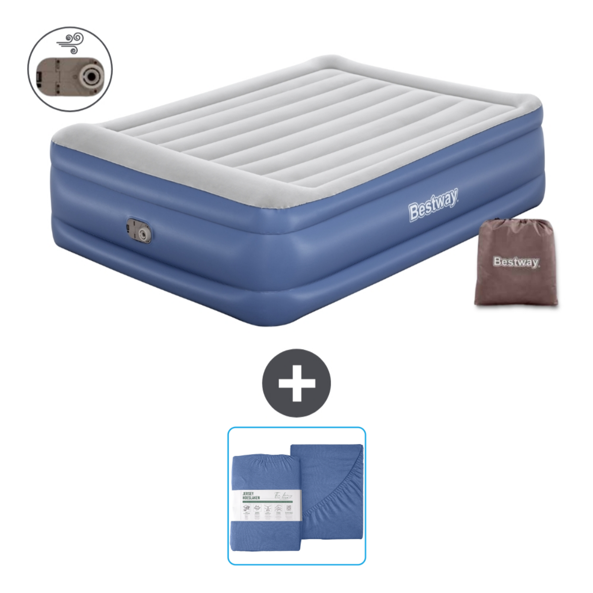 Blauwe Bestway luchtmatras met een witte bovenkant, een bruine tas en beddengoedset. Plusteken.