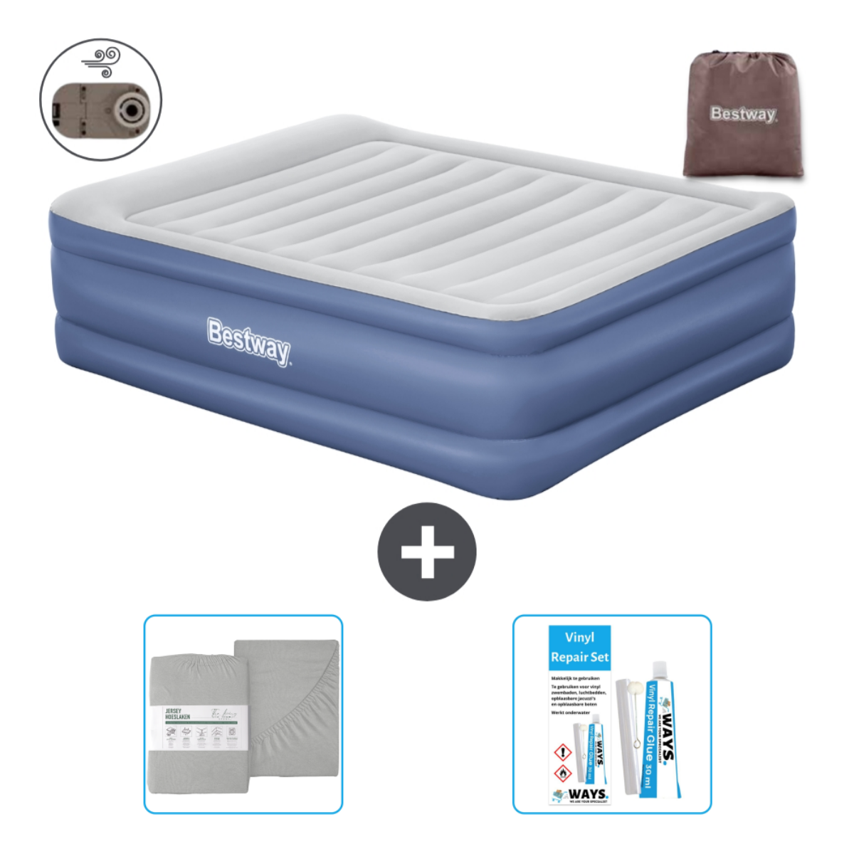 Matelas pneumatique bleu et noir avec draps, kit de réparation et pompe. Fond blanc.