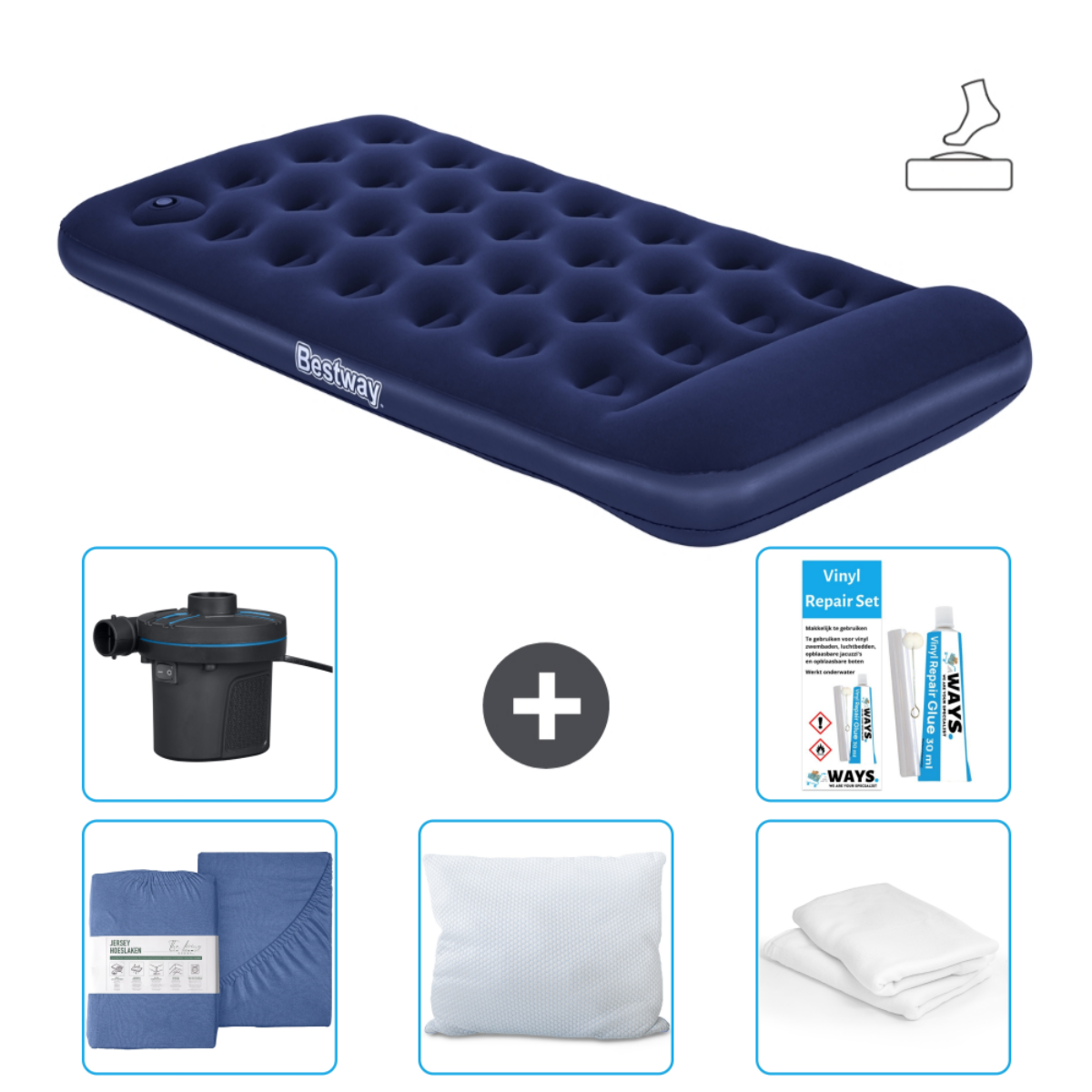 Ensemble lit pneumatique Bestway bleu avec pompe, kit de réparation, draps, oreiller et couverture pliée sur blanc.