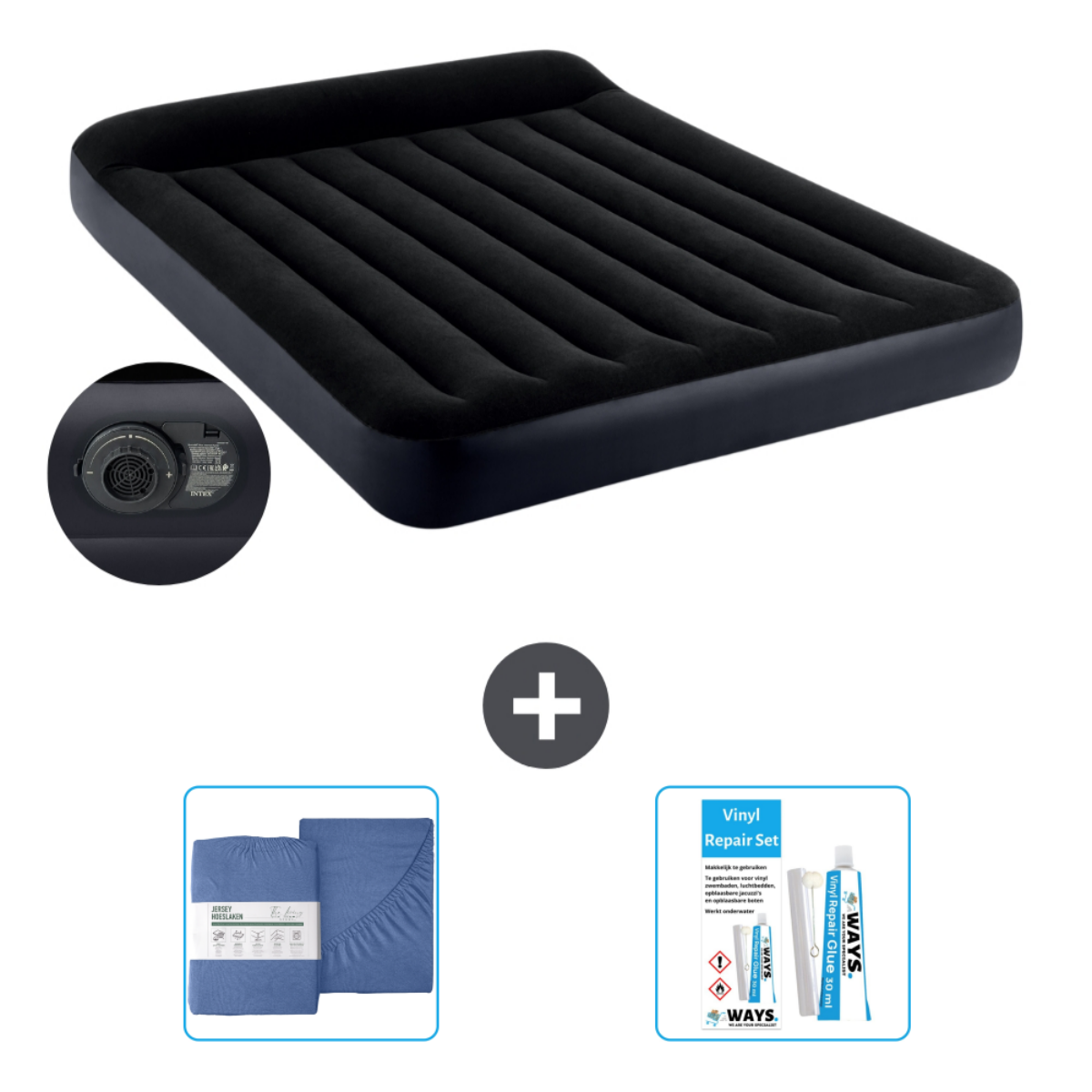 Matelas pneumatique noir avec draps, kit de réparation et pompe. Fond blanc.