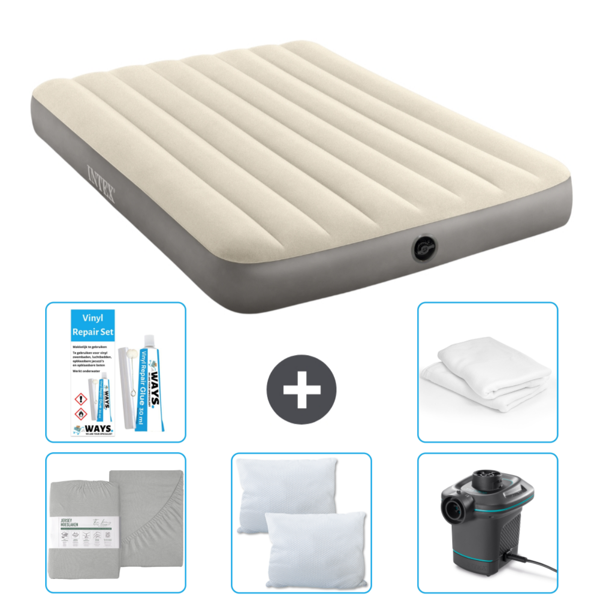 Lit gonflable beige avec pompe, ensemble de draps, oreillers, kit et literie blanche.