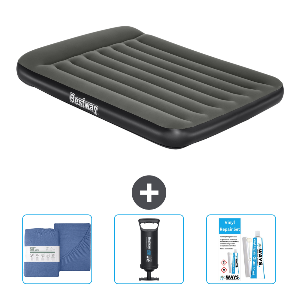 Matelas pneumatique gris avec pompe, draps bleus et kit de réparation.