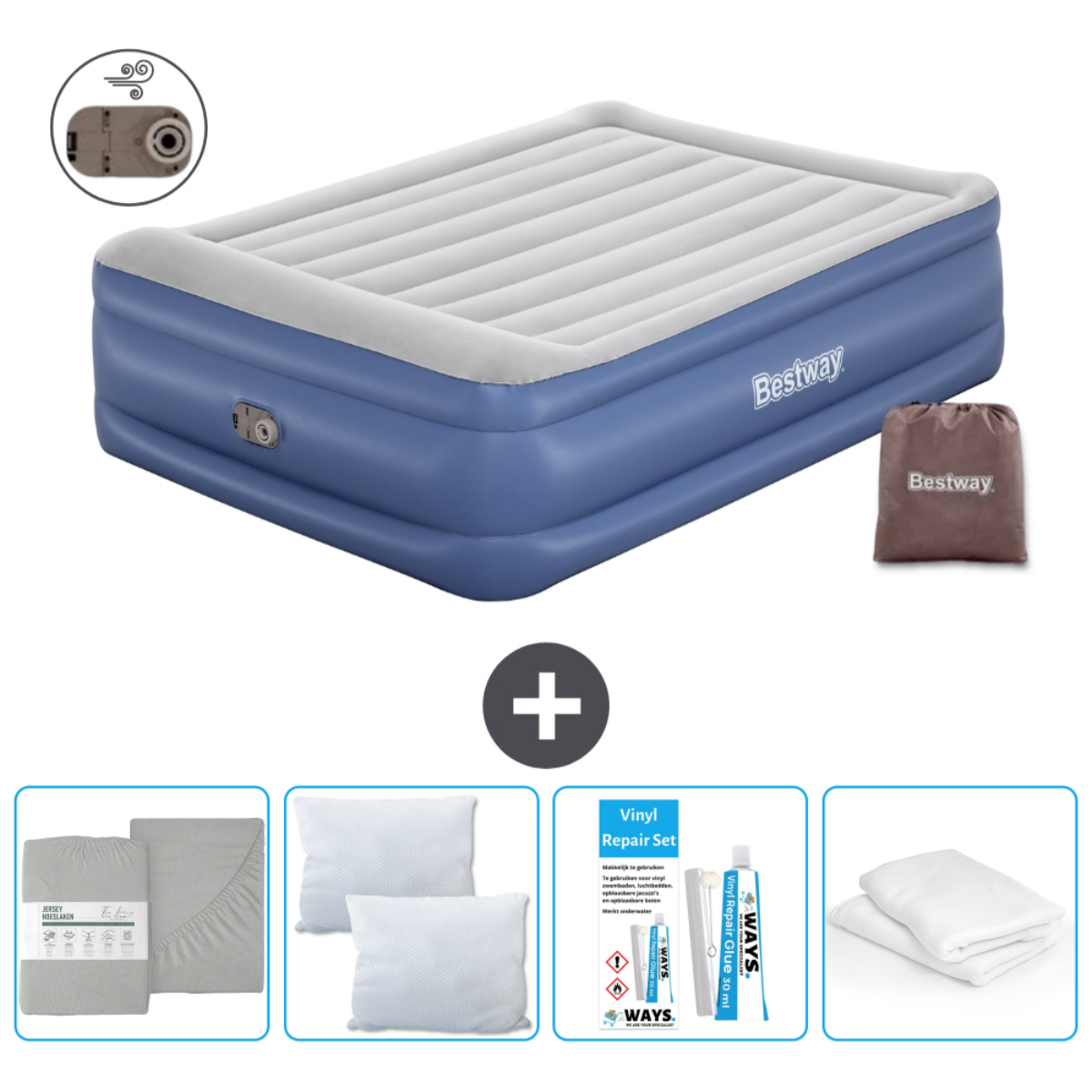 Matelas gonflable bleu avec dessus blanc, marque Bestway, accessoires incluent draps, oreillers et kit de réparation.